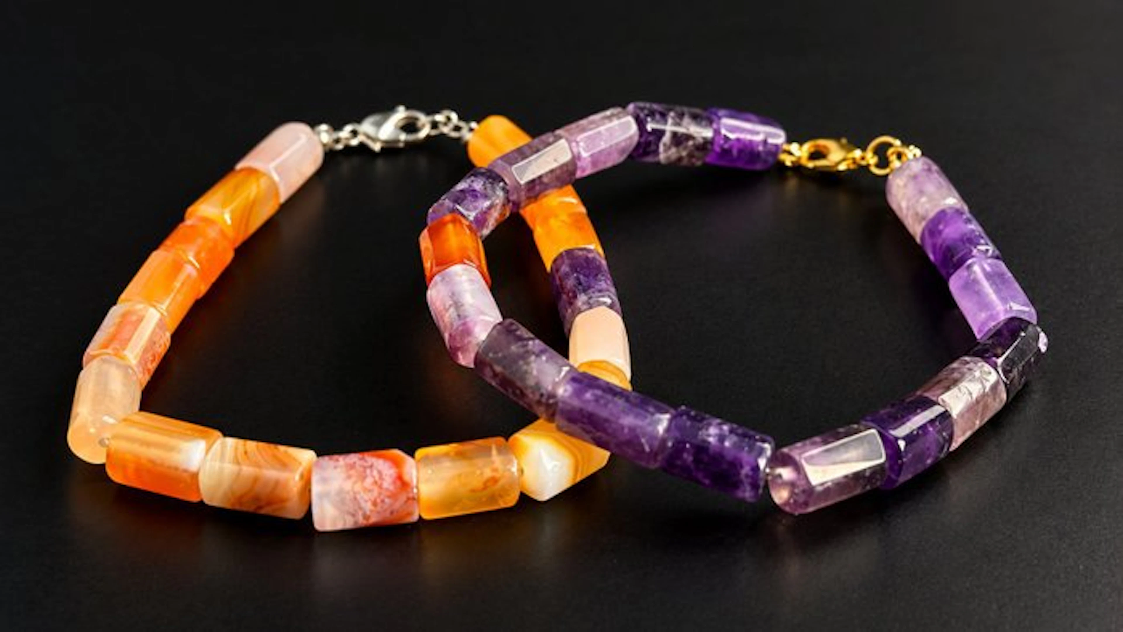 Rare set - Natural Amethyst and Orange Agate Bracelets –...