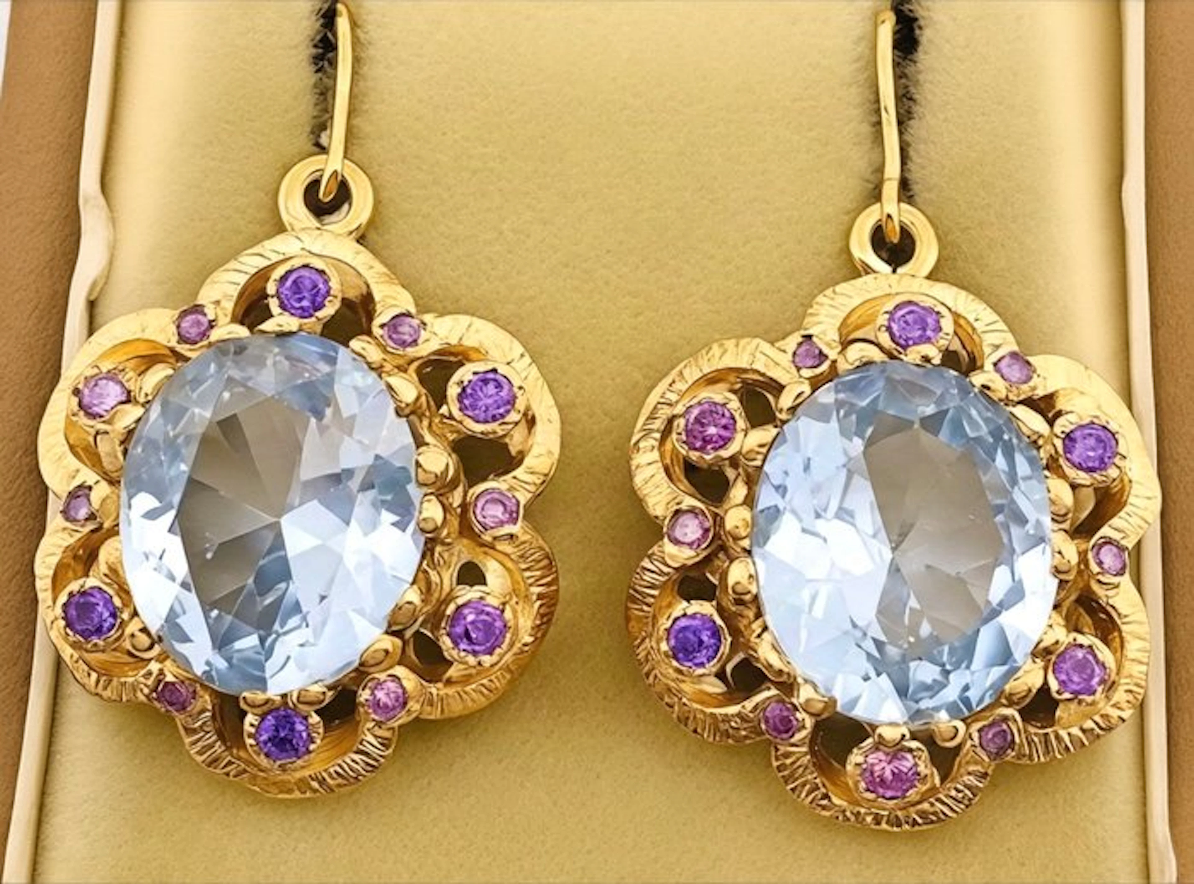 No reserve price - Earrings - 9 kt. Yellow gold, Silver Aquamarine - Amethyst