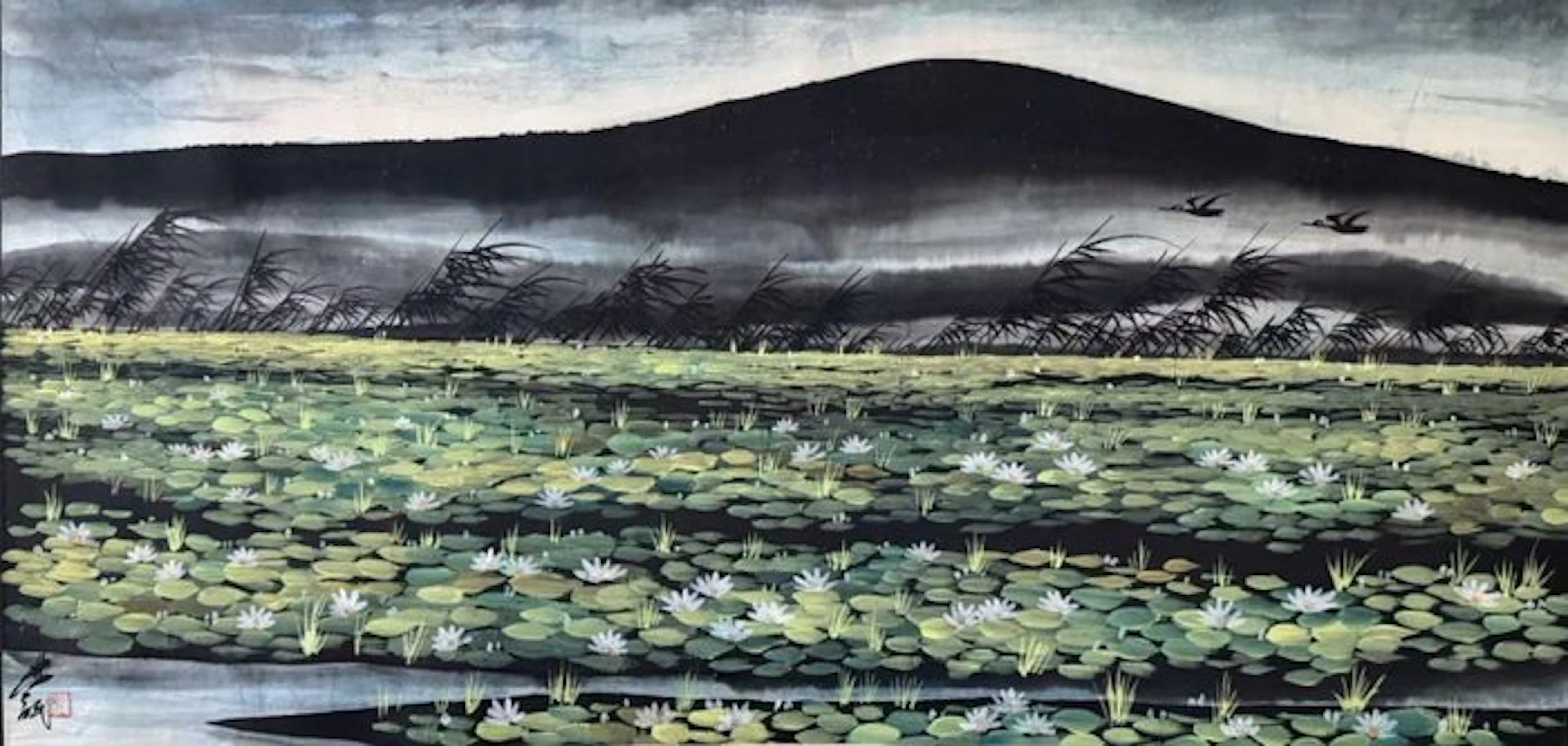 INK AND COLOR ON PAPER PAINTING"Landscape"《雁过荷塘》 - Attributed to - China
