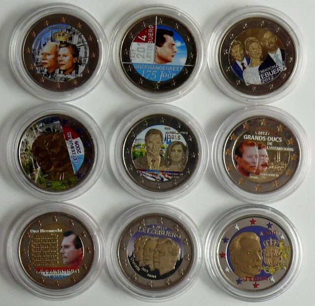 Luxembourg. 2 Euro Various Years (9 coins) - colored (No reserve price)