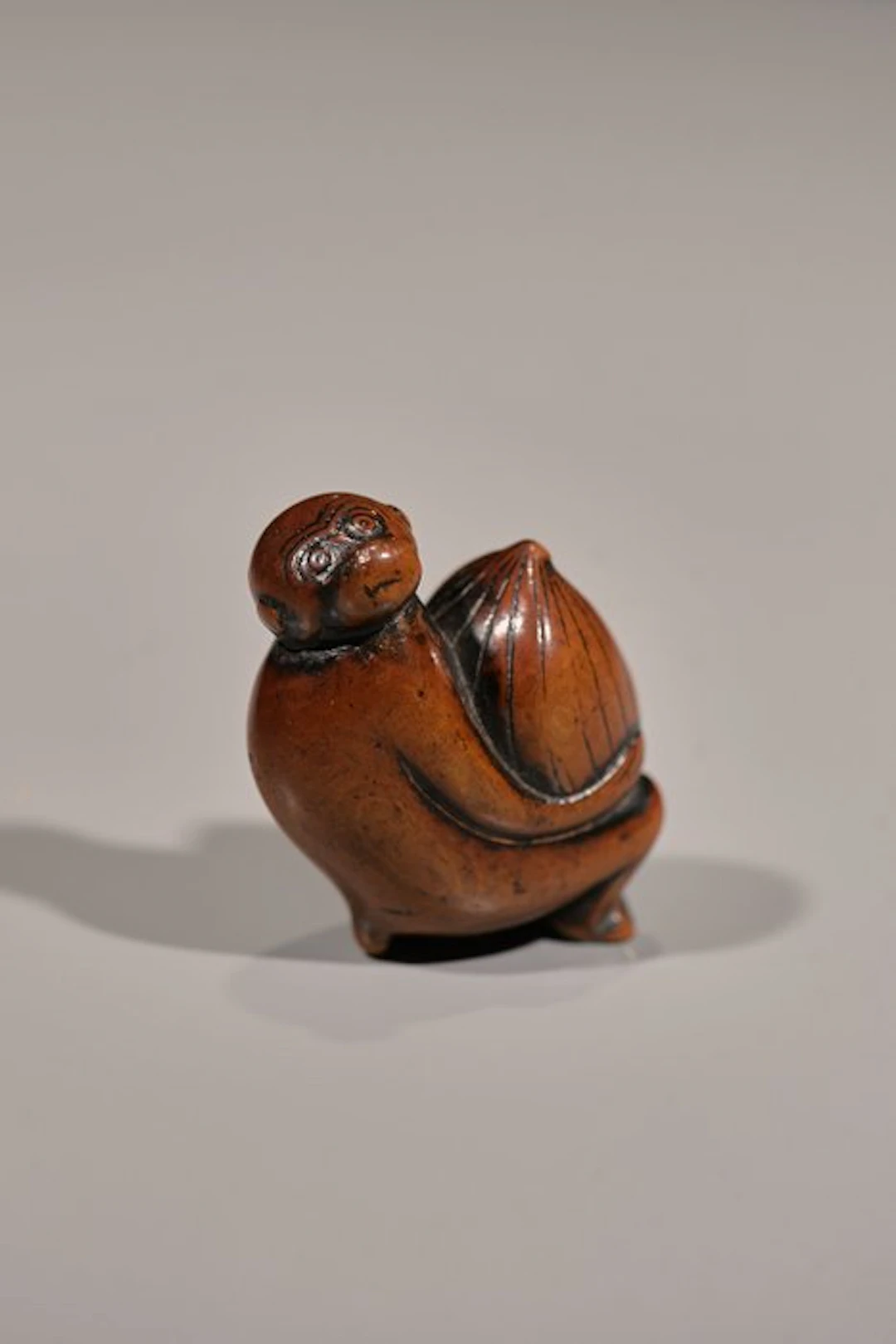 A soft, boxwood netsuke of a monkey with a bizarre expression