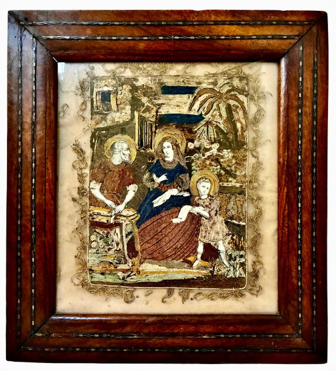 Old religious painting - The Holy Family - 40.5 x 44.5 cm - Textiles