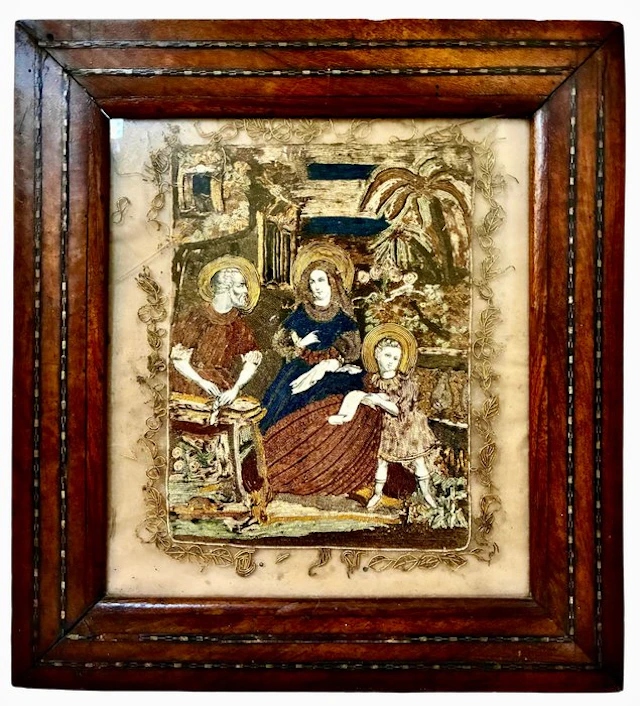 Old religious painting - The Holy Family - 40.5 x 44.5 cm - Textiles
