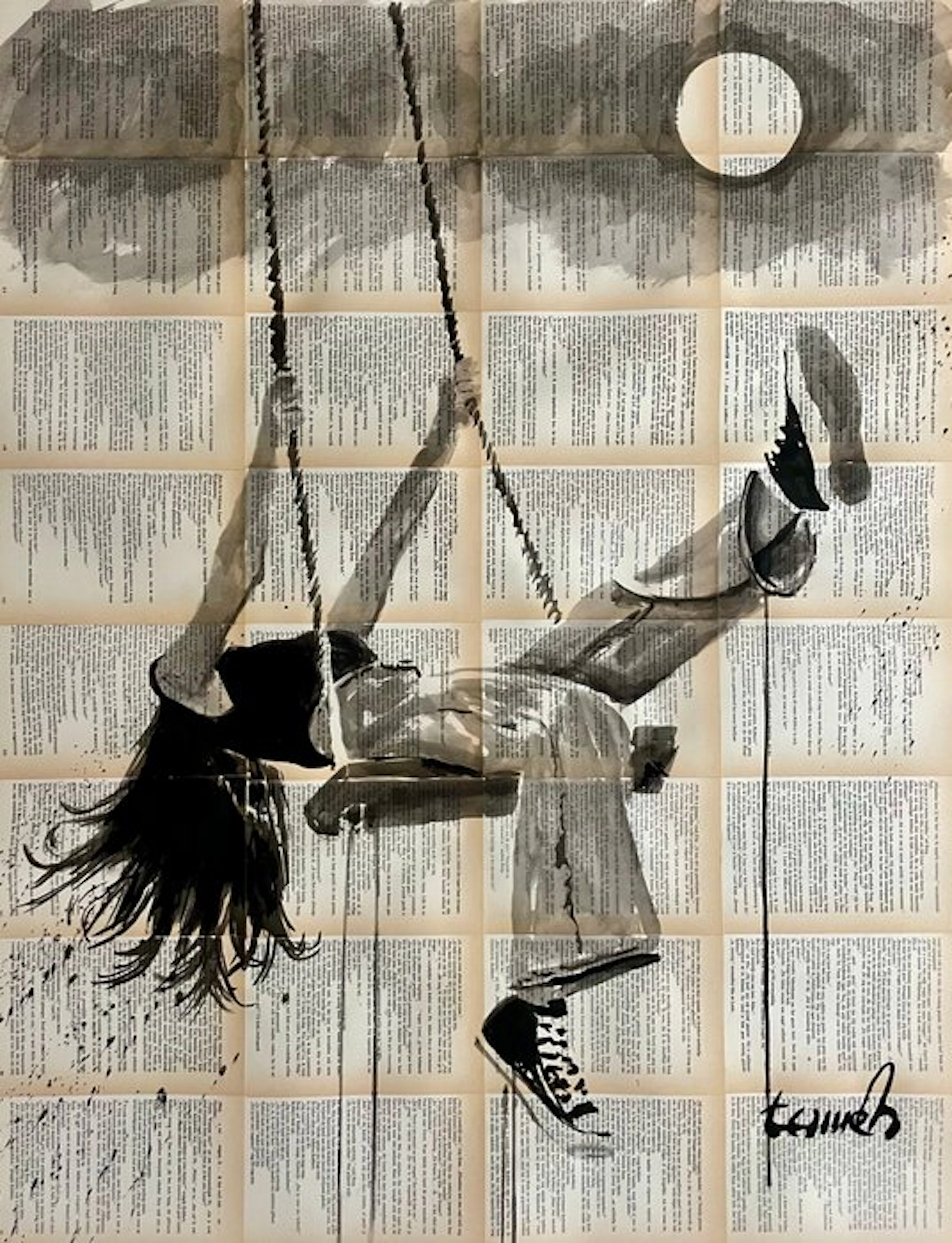 TOMEH - “Wheee !” – XL Original Painting – Ink drawing on Vintage Book Pages .