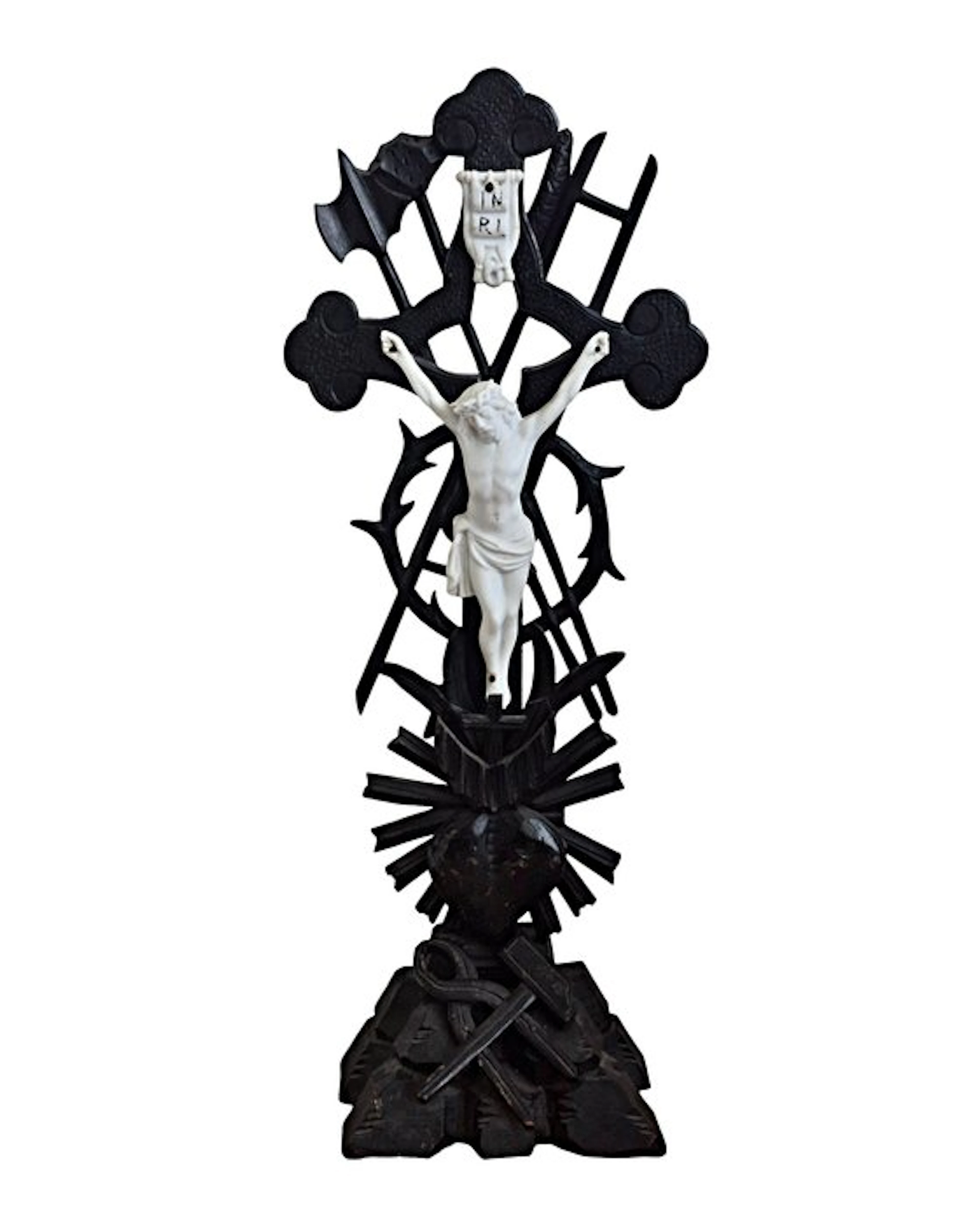 Altar cross - Arma Christi - 58 cm - Wood, Porcelain - 1950-1960