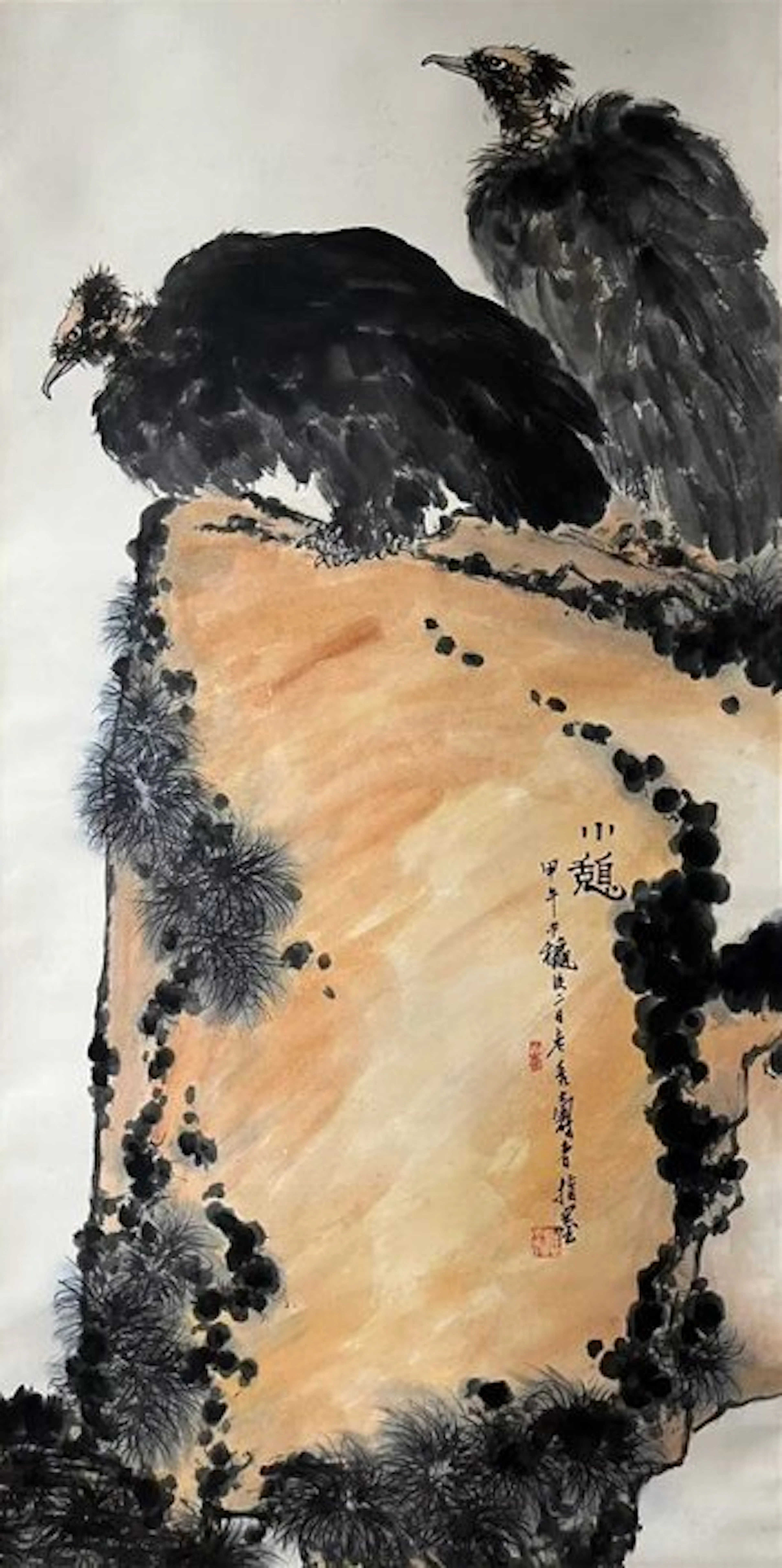INK AND COLOR ON PAPER PAINTING’Eagles on the rock'《小憩》...