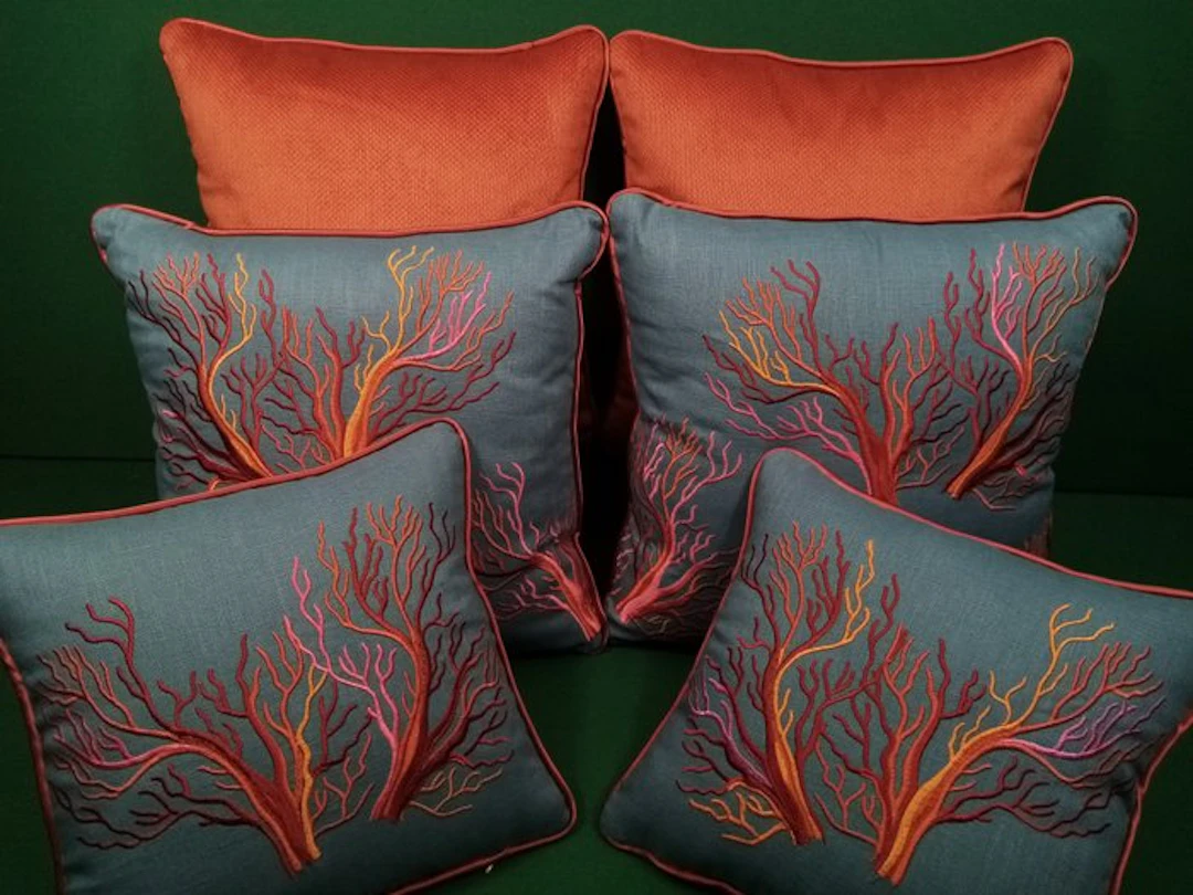 Six Pillows: four with "Corals" fabric by Manufatti Toscani