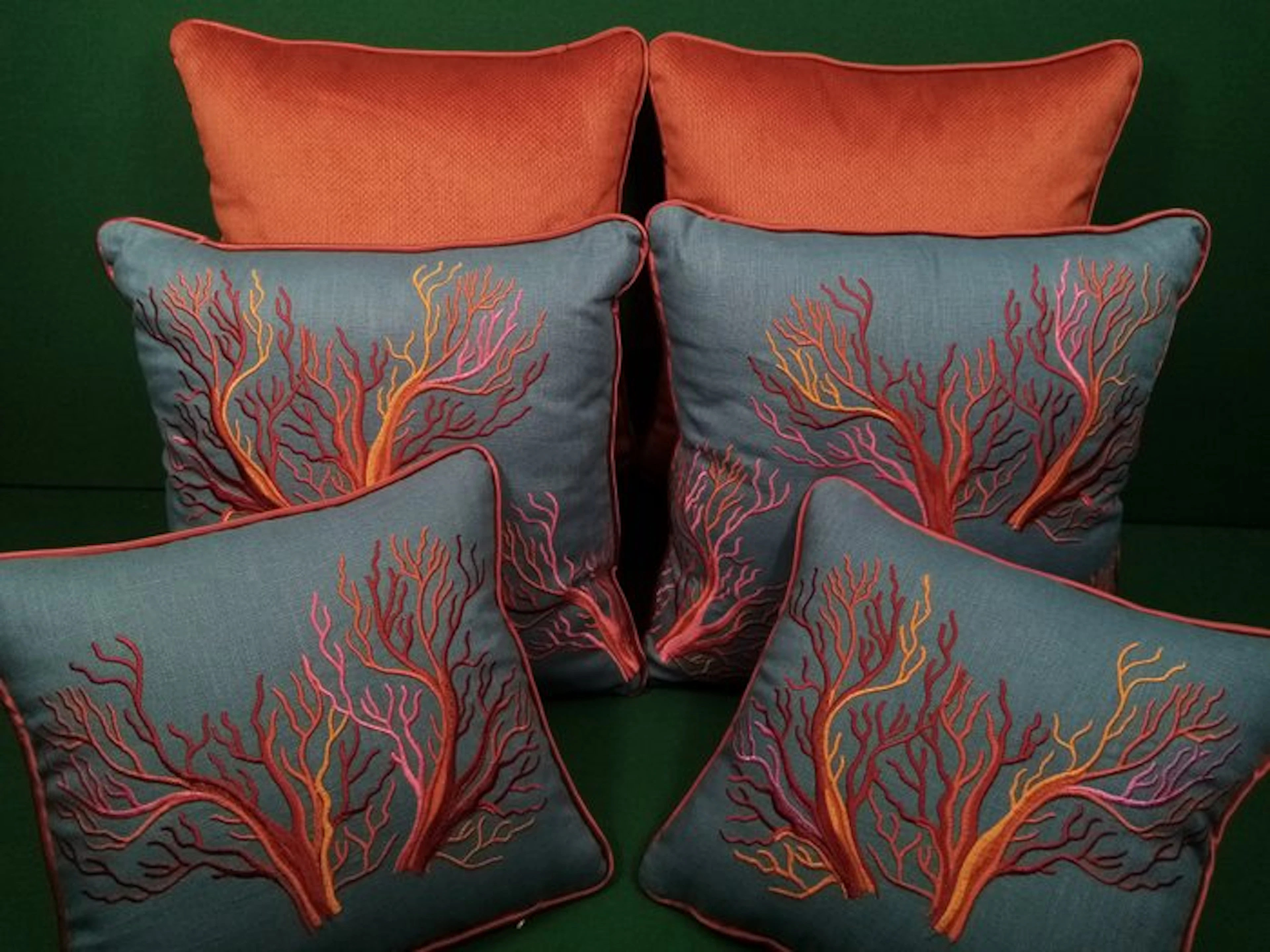 Six Pillows: four with "Corals" fabric by Manufatti Toscani