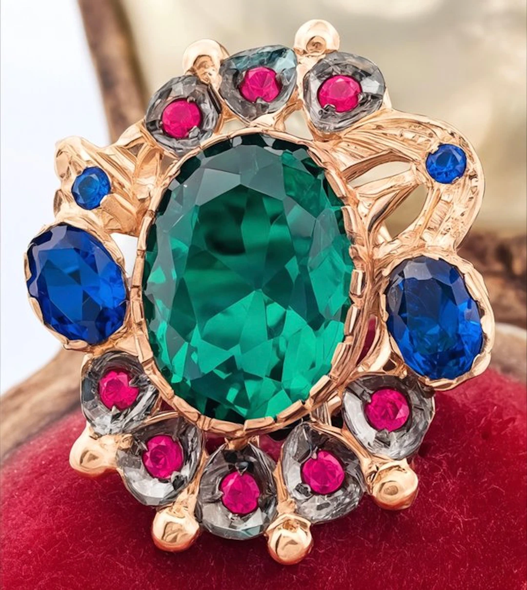 No reserve price - Ring - 9 kt. Rose gold, Silver Emerald - Ruby