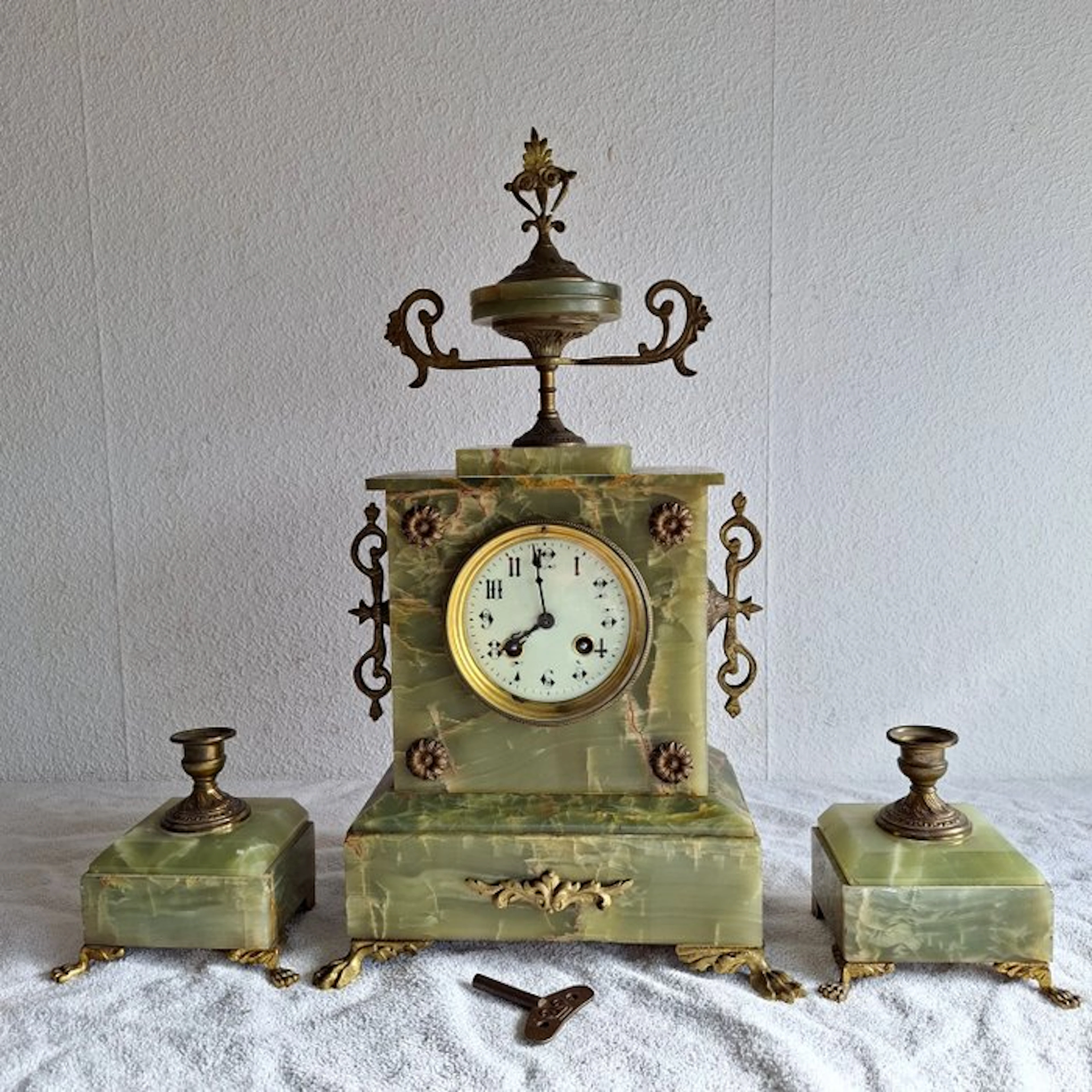 Clock and garniture set (3) - Japy Frères - Antique Green onyx (marble/calcite)
