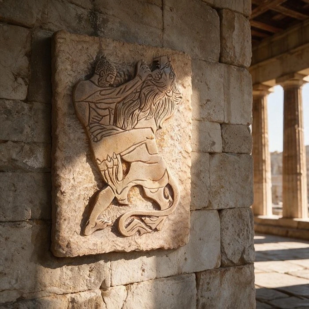 Sculpture, Bassorilievo Ercole e il Leone Nemea - 25 cm - Cast Stone