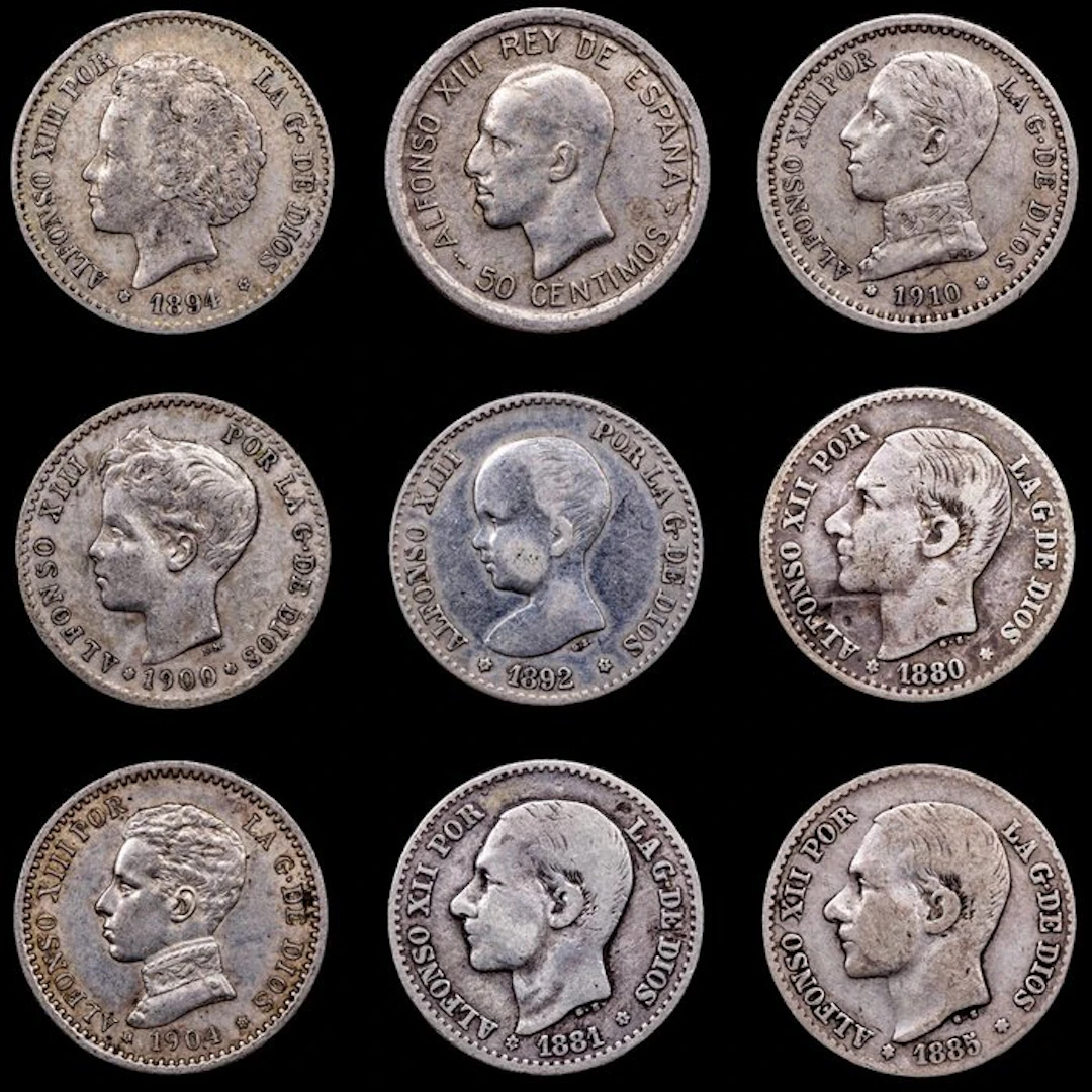 Spain. Alfonso XII. 50 centimos 1880 -1926 / (9 monedas) (No reserve price)