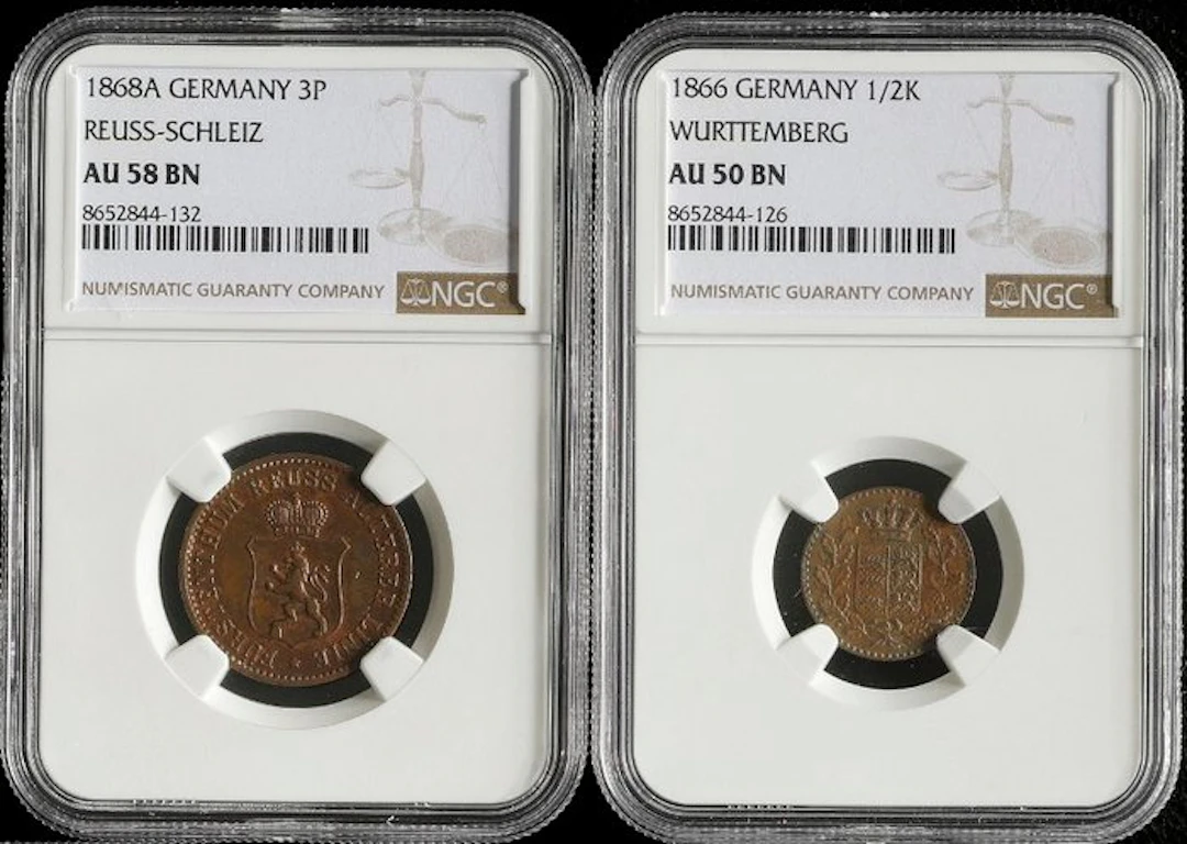 Germany. 3 Pfennig 1868 (AU58) / 1/2 Kreuzer 1866 (AU50)