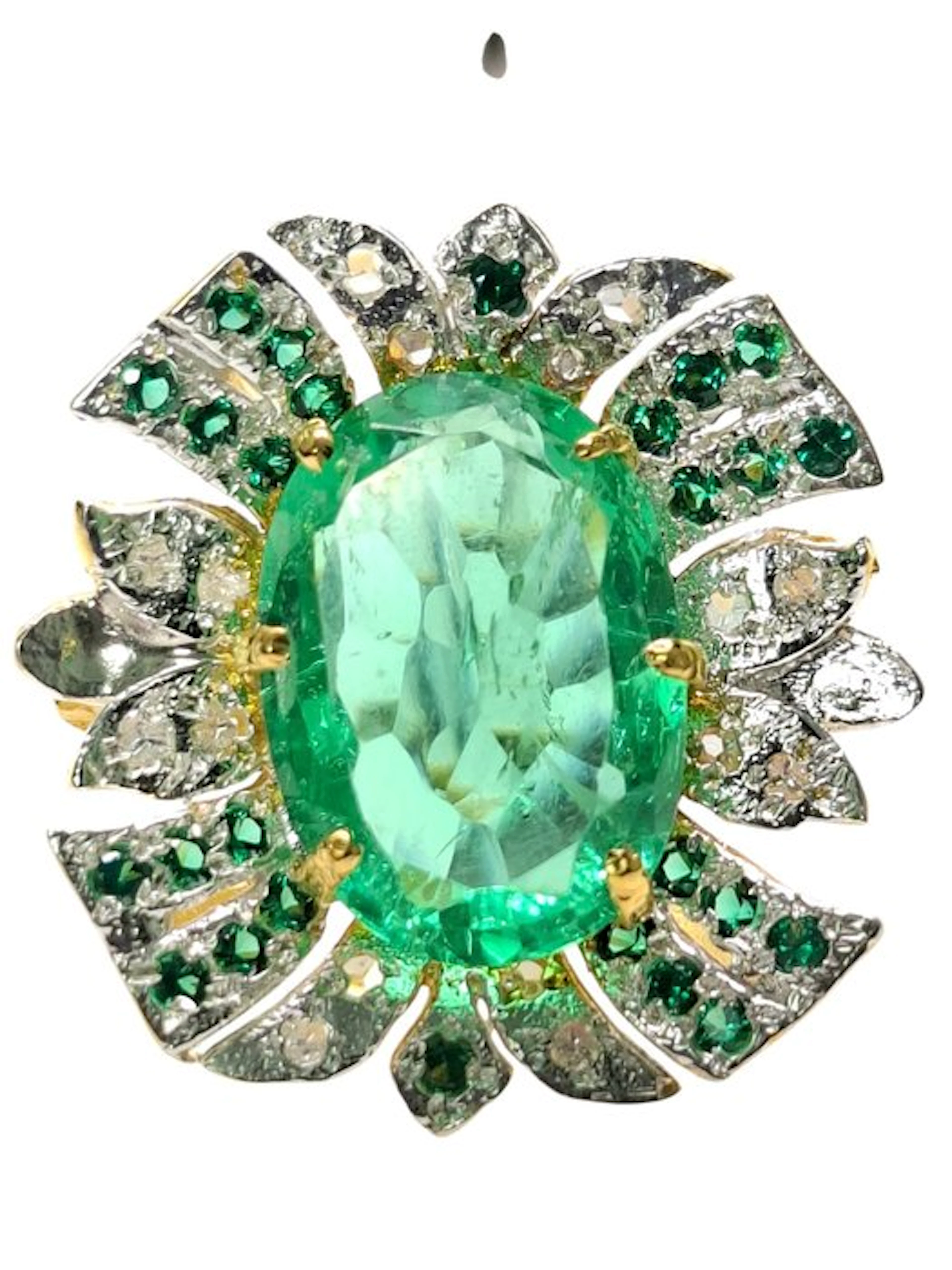 No reserve price - Ring - 9 kt. Silver, Yellow gold Emerald - Mixed gemstones