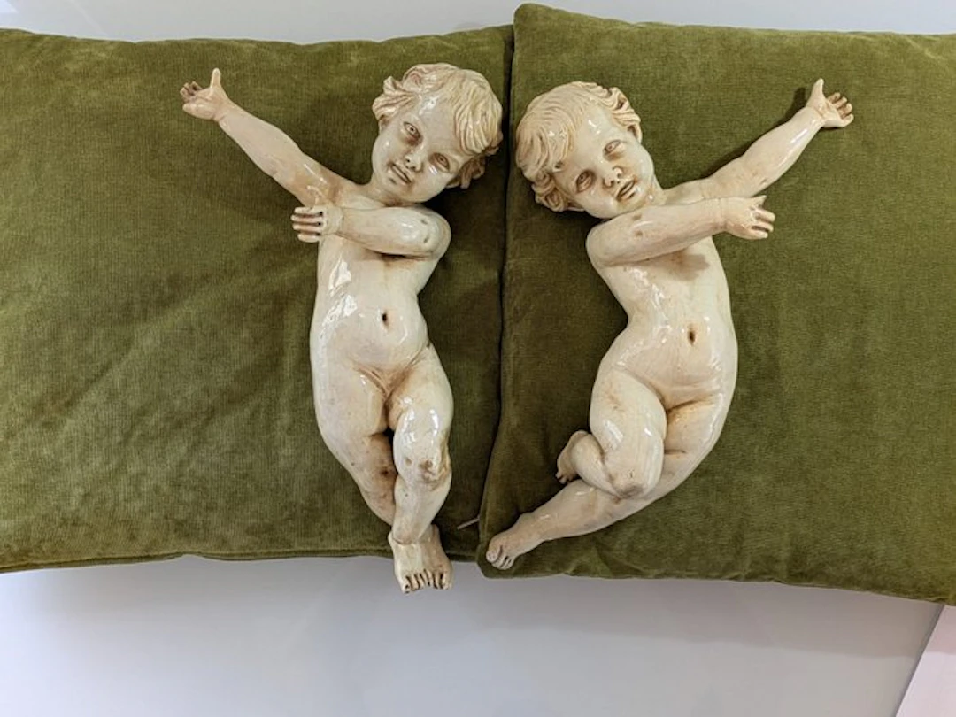 Sculpture, Putti Cherubini Coppia - 40 cm - Ceramic