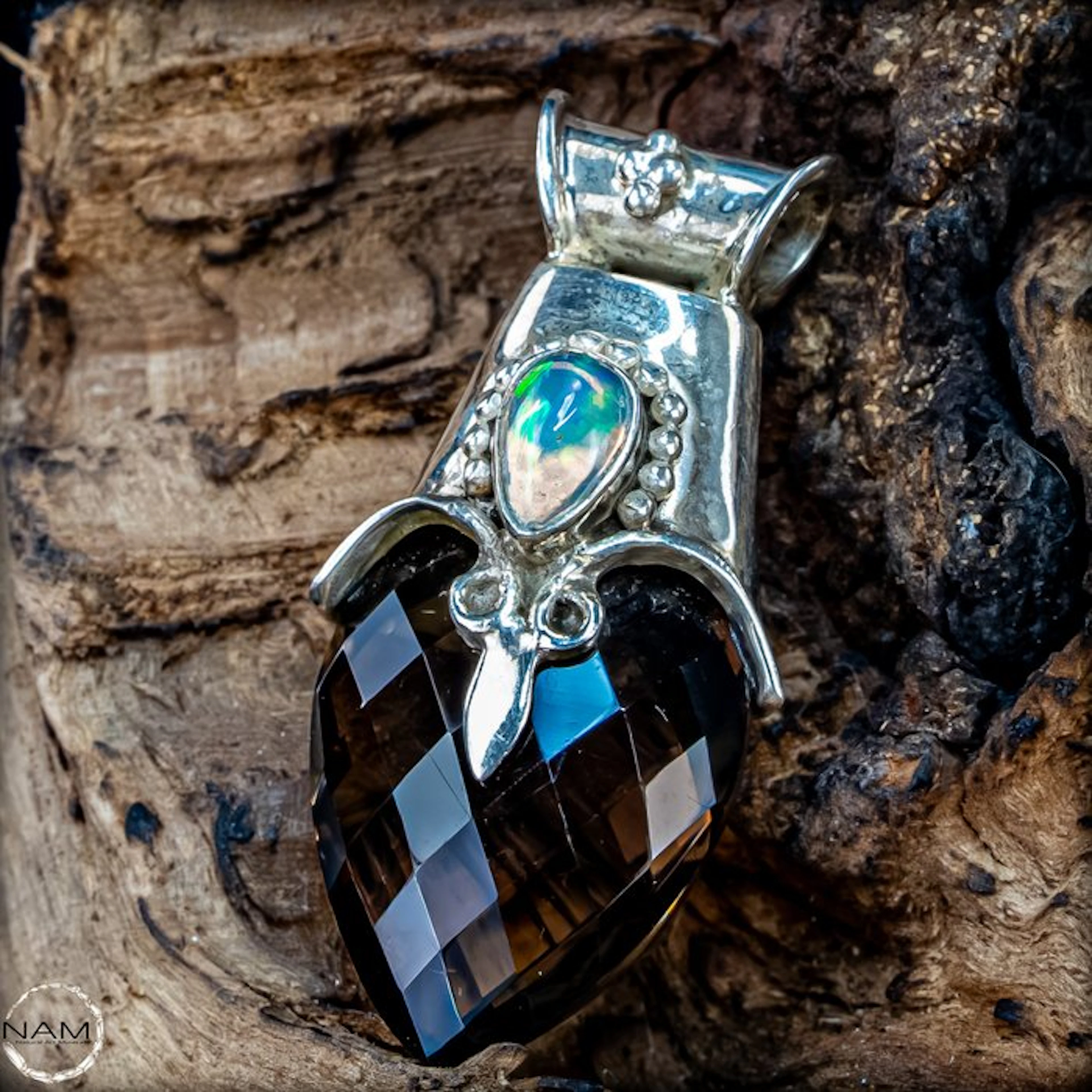 Very rare pendant with natural opal & smoky quartz Silver 925