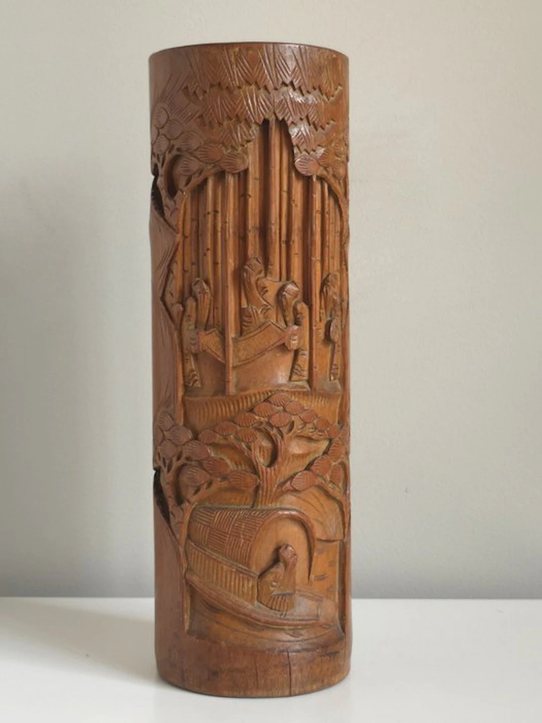 Large antique Chinese bamboo brush holder (Bitong) with...
