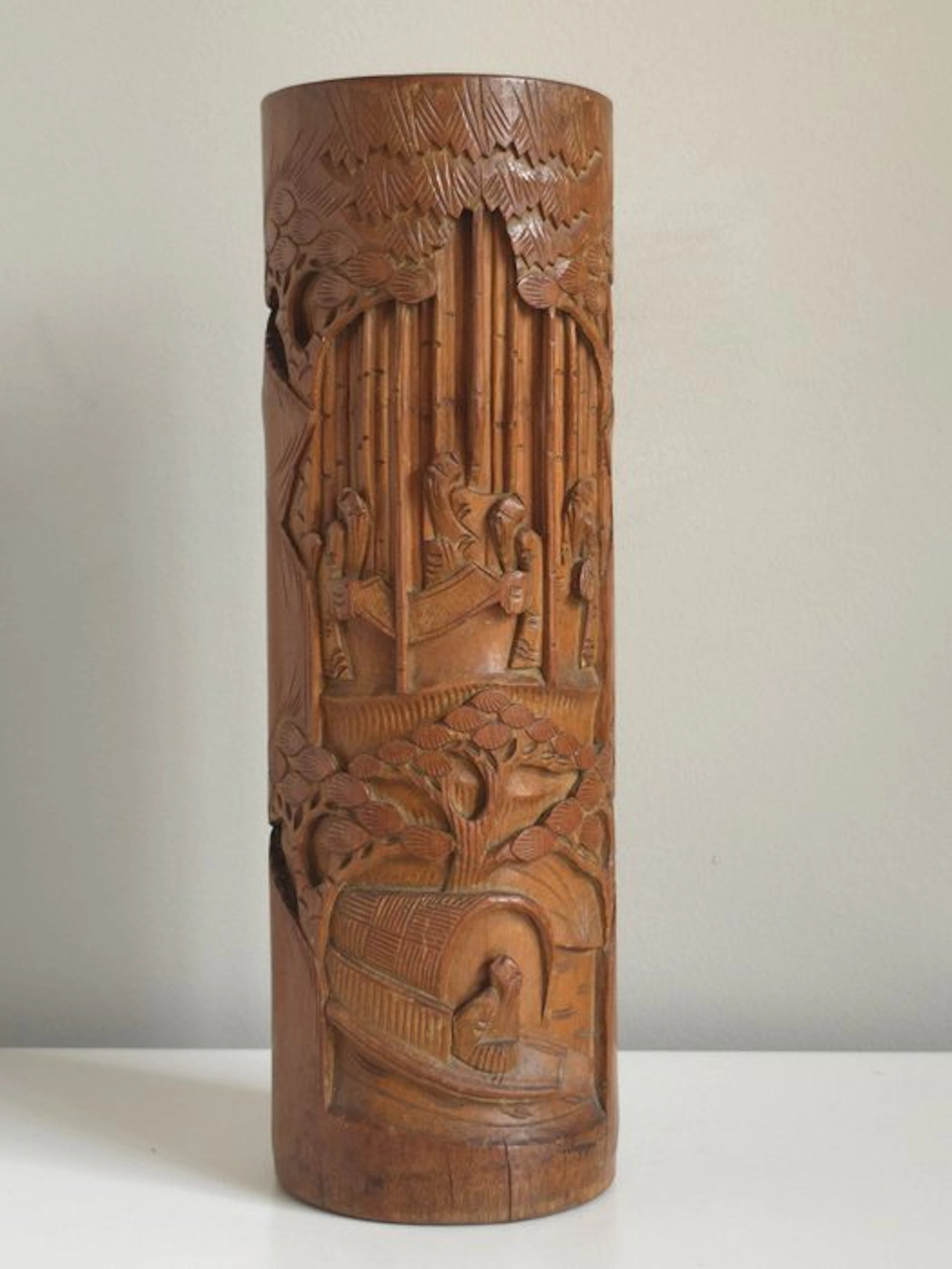 Large antique Chinese bamboo brush holder (Bitong) with...