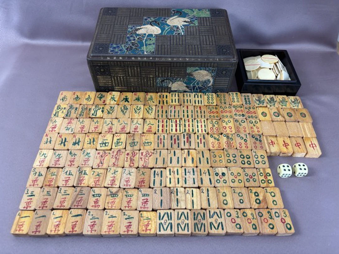 Board game - Antiek MahJong spel - metal, wood, bone