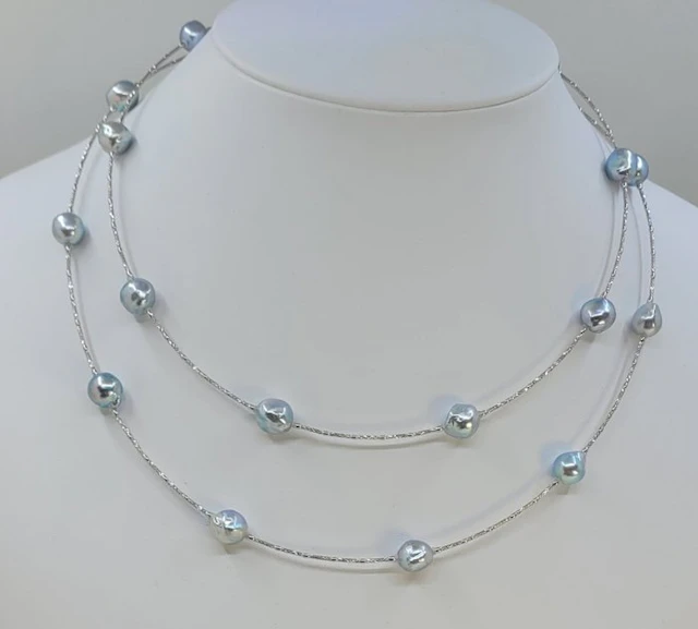 Necklace - 18 kt. White gold, 8x9mm Silvery Akoya Pearls