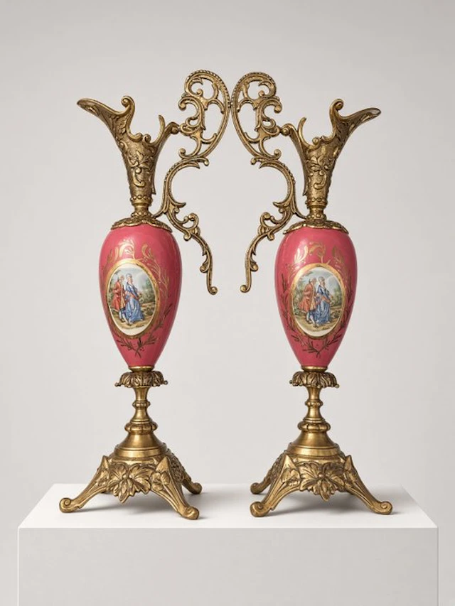Vase (2) - A Fine Pair of French Sèvres-Style Porcelain and Gilt-Bronze Ewers