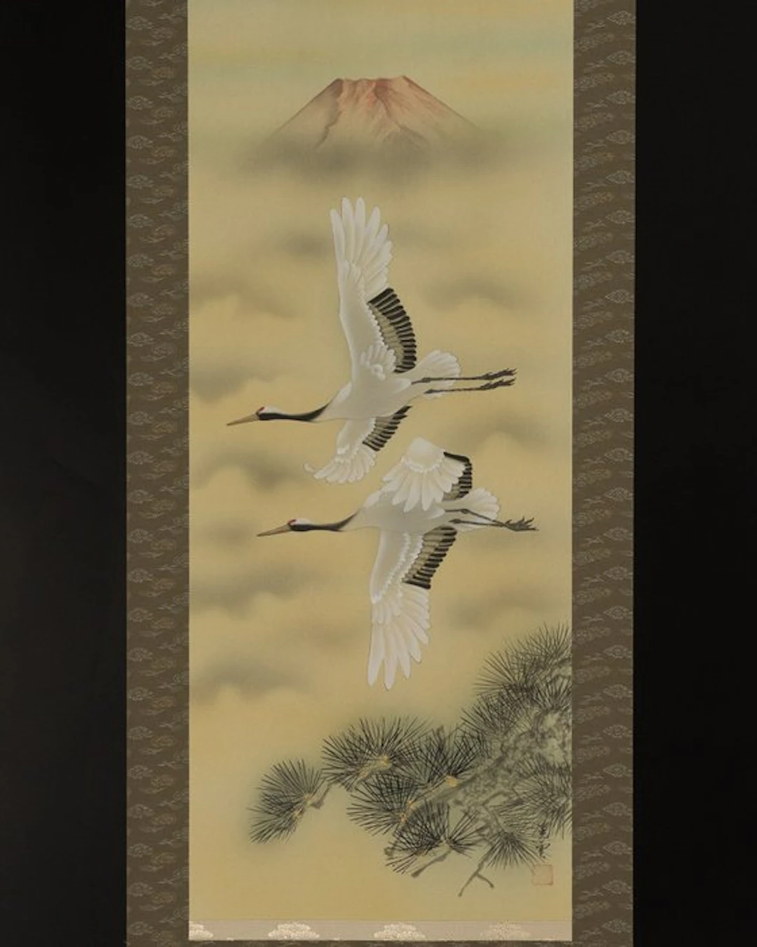 Flying Cranes and Red Fuji 赤富士飛鶴 - Silk - Japan - 20th century