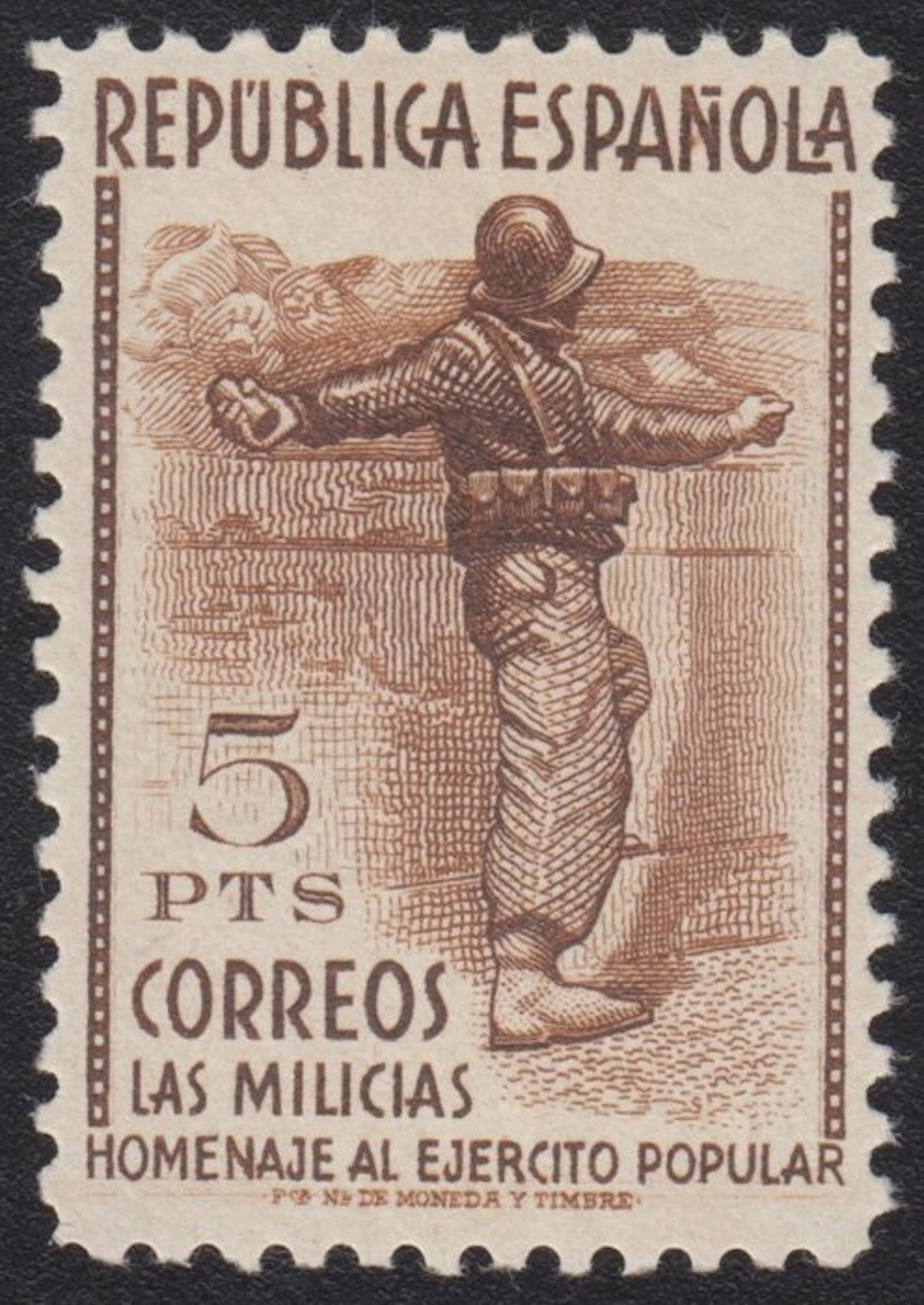 Spain 1938 - Homage to the People's Army. 5 pesetas, reddish brown.