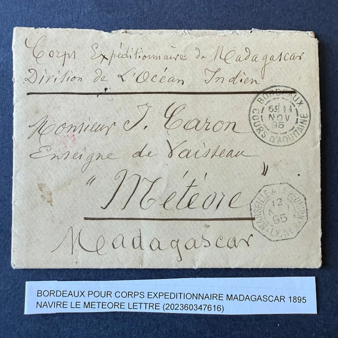 France - Letter for the ship "Météore", Madagascar Expeditionary Corps. RARE.