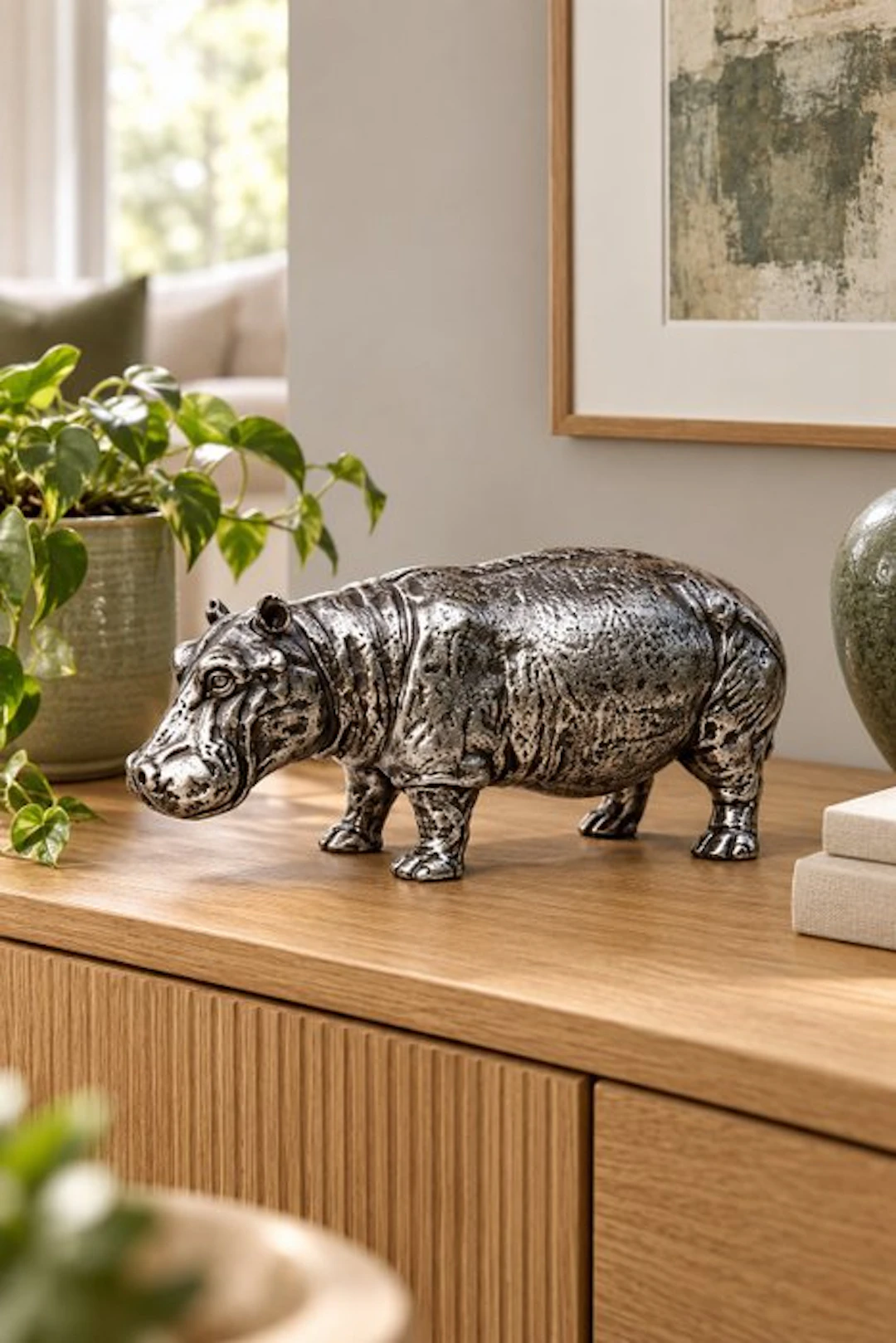 Statue, hippopotamus (hippo) in silver bronze finish - 24 cm - polyresin