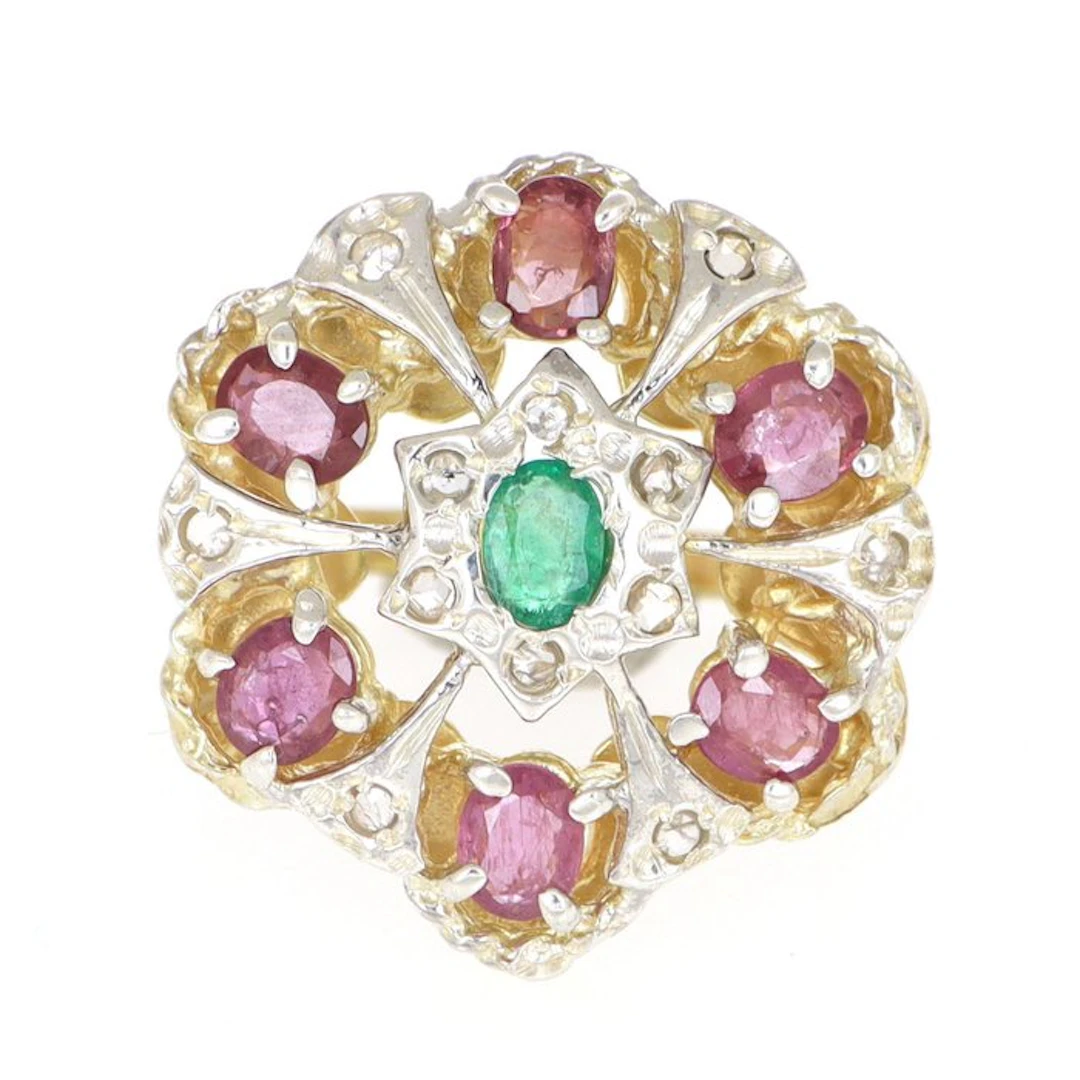 No reserve price - Ring - 12 kt. Yellow gold, Silver Emerald - Ruby