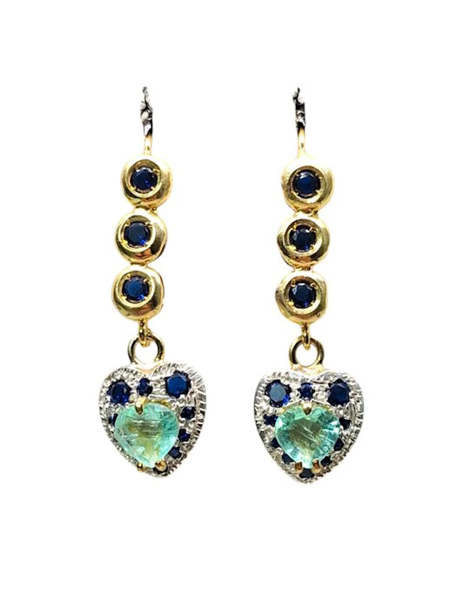 No reserve price - Earrings - 9 kt. Silver, Yellow gold Emerald - Sapphire
