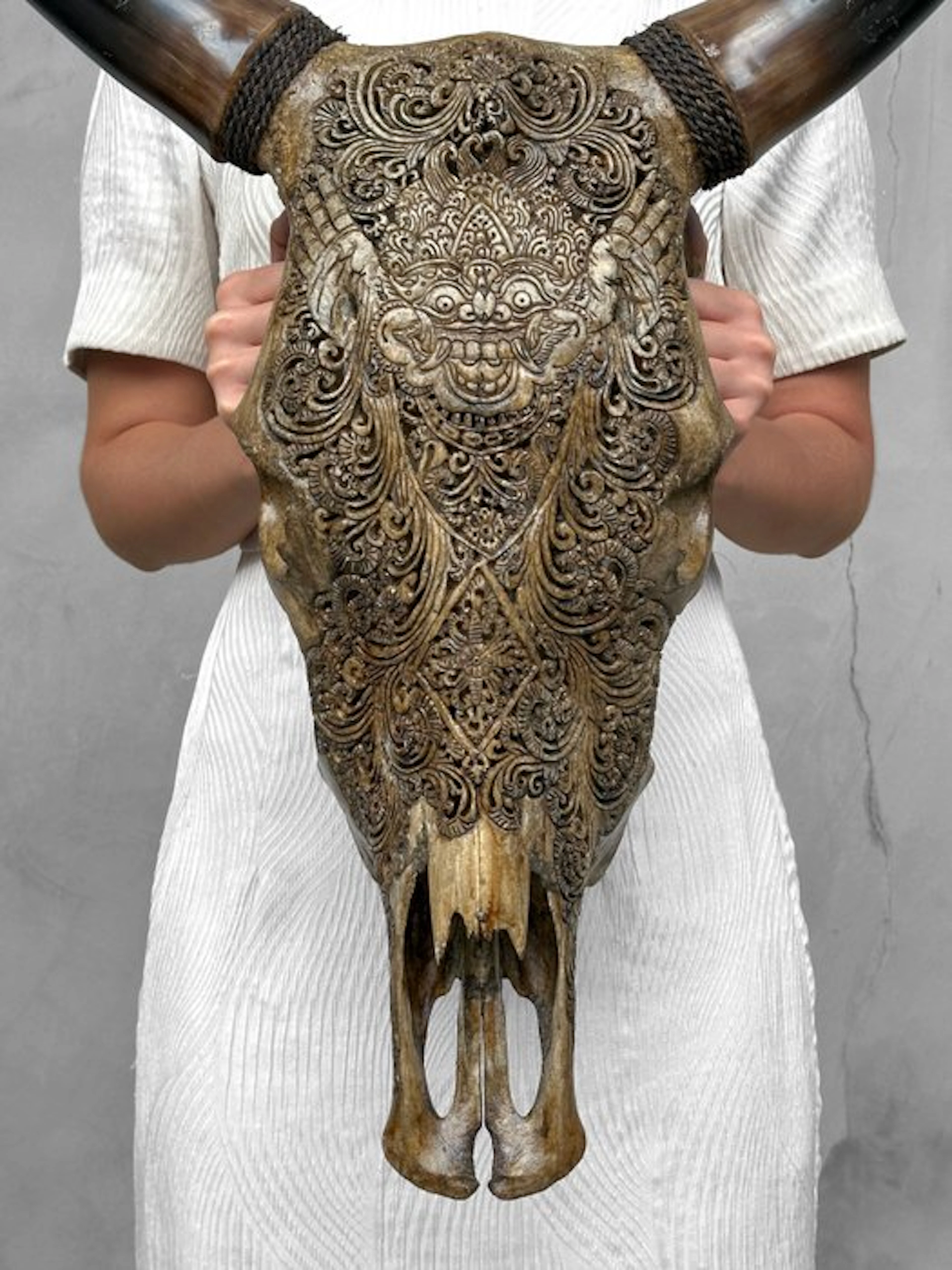NO RESERVE PRICE - Large Brown Carved Bull Skull - Barong...