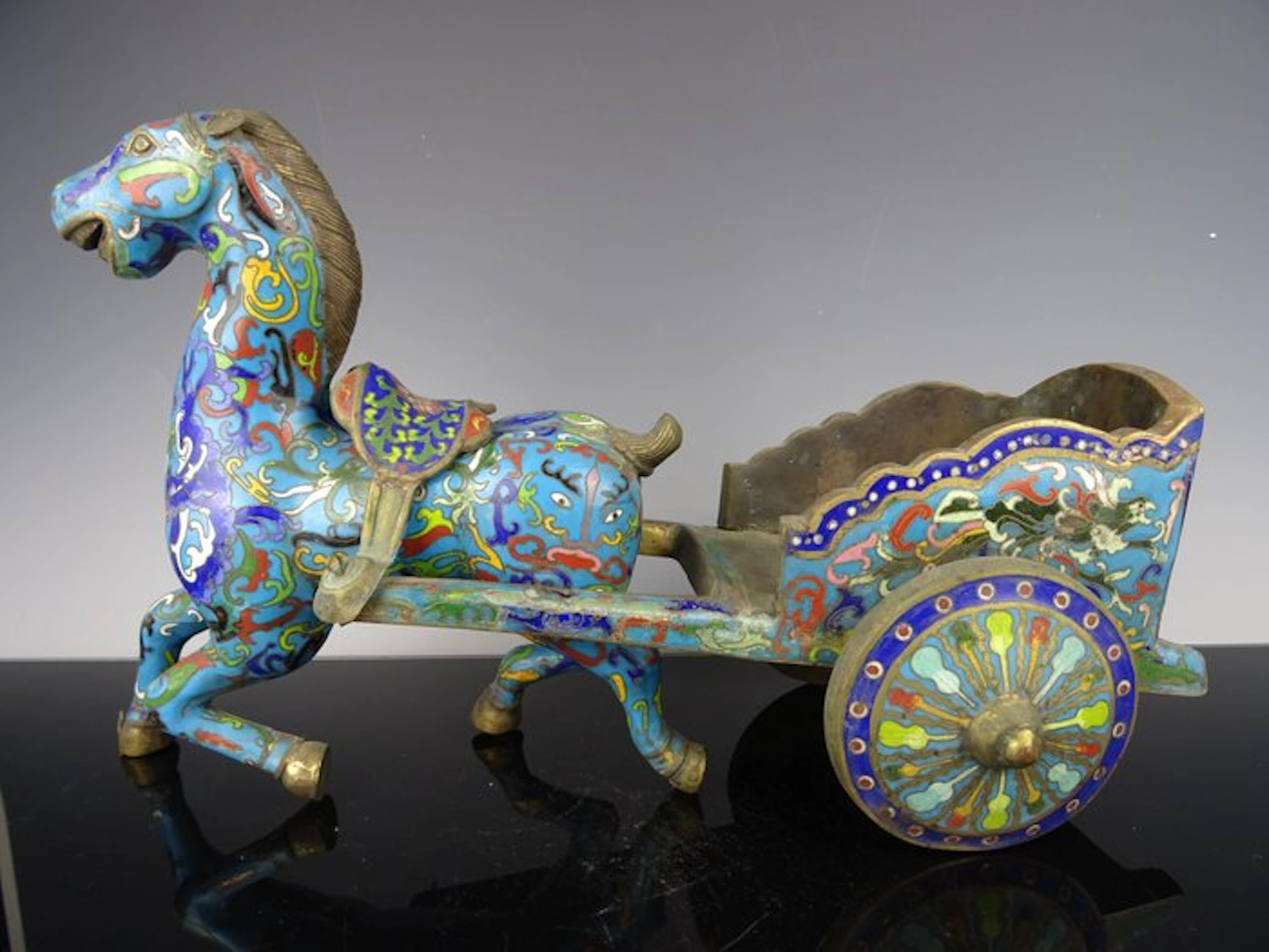 Cloisonné paard met wagen - Bronze - China