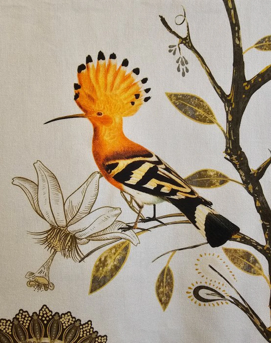 Exclusive Art Nouveau fabric with hoopoe and gold flowers...
