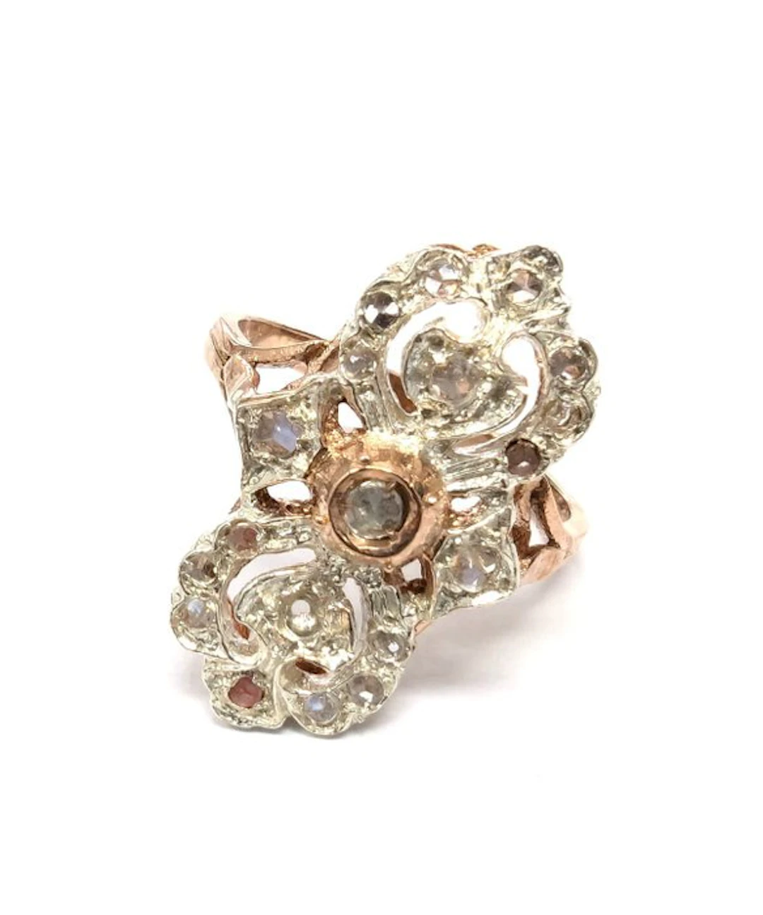 No reserve price - Ring - 9 kt. Rose gold, Silver Diamond (Natural)