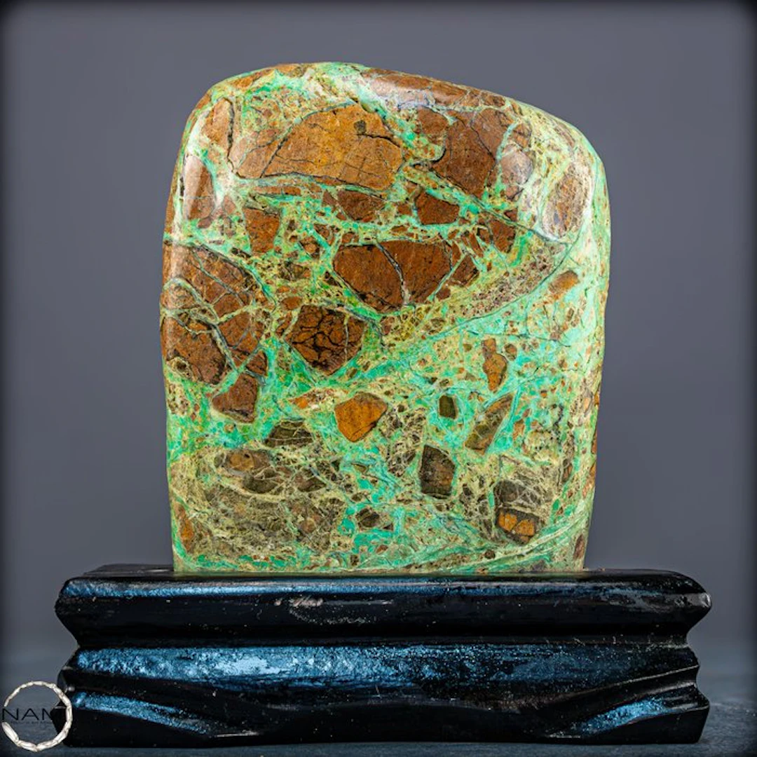 Natural chrysoprase freeform from Indonesia on wooden stands- 1001.07 g