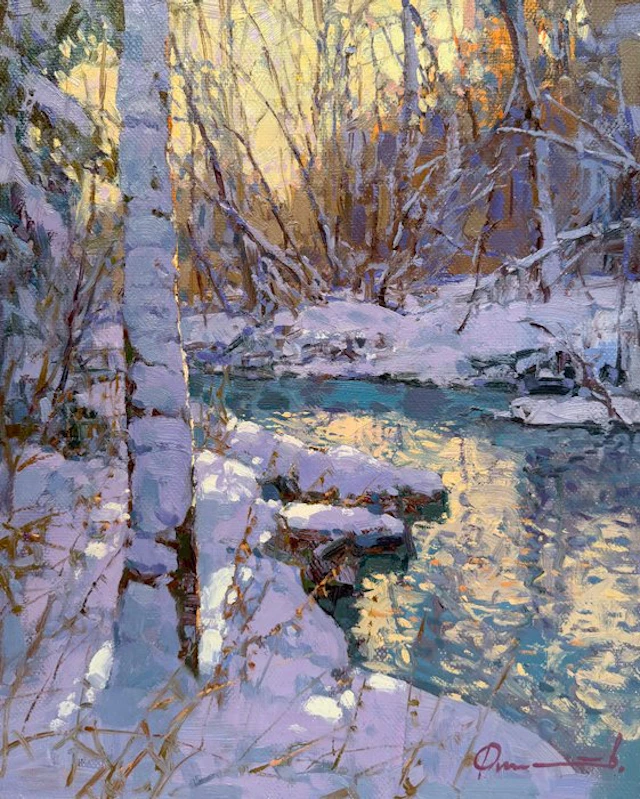 Sergei Flitov (1964) - Soir d’Hiver – Petit Ruisseau en Forêt Enneigée