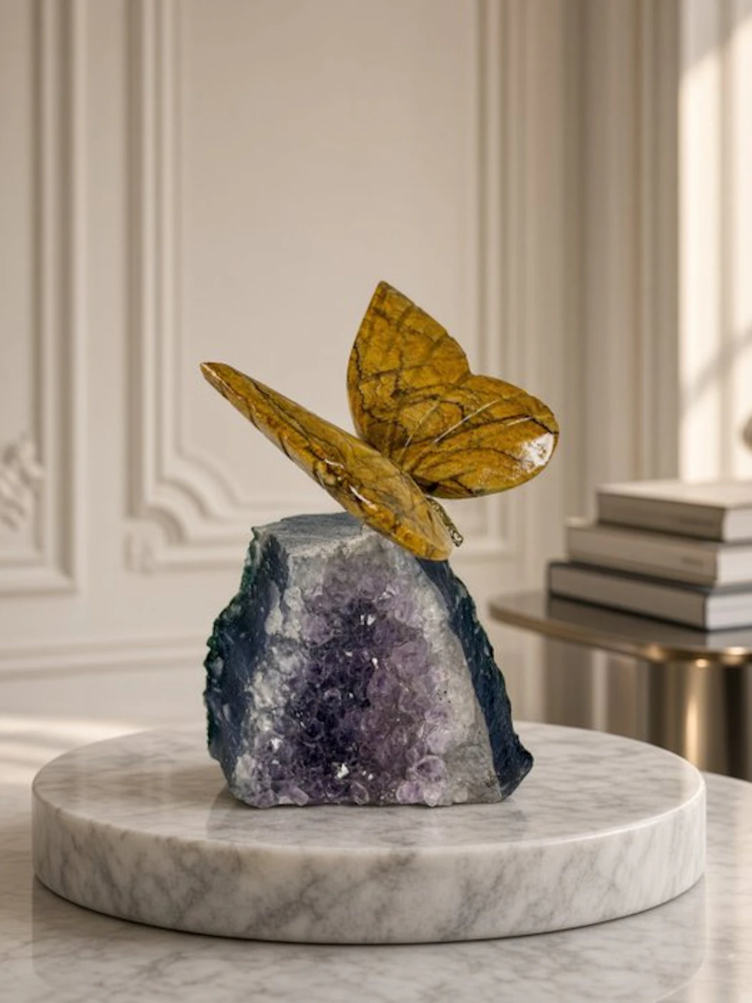 Hand-carved brown onyx butterfly on amethyst cluster - no...