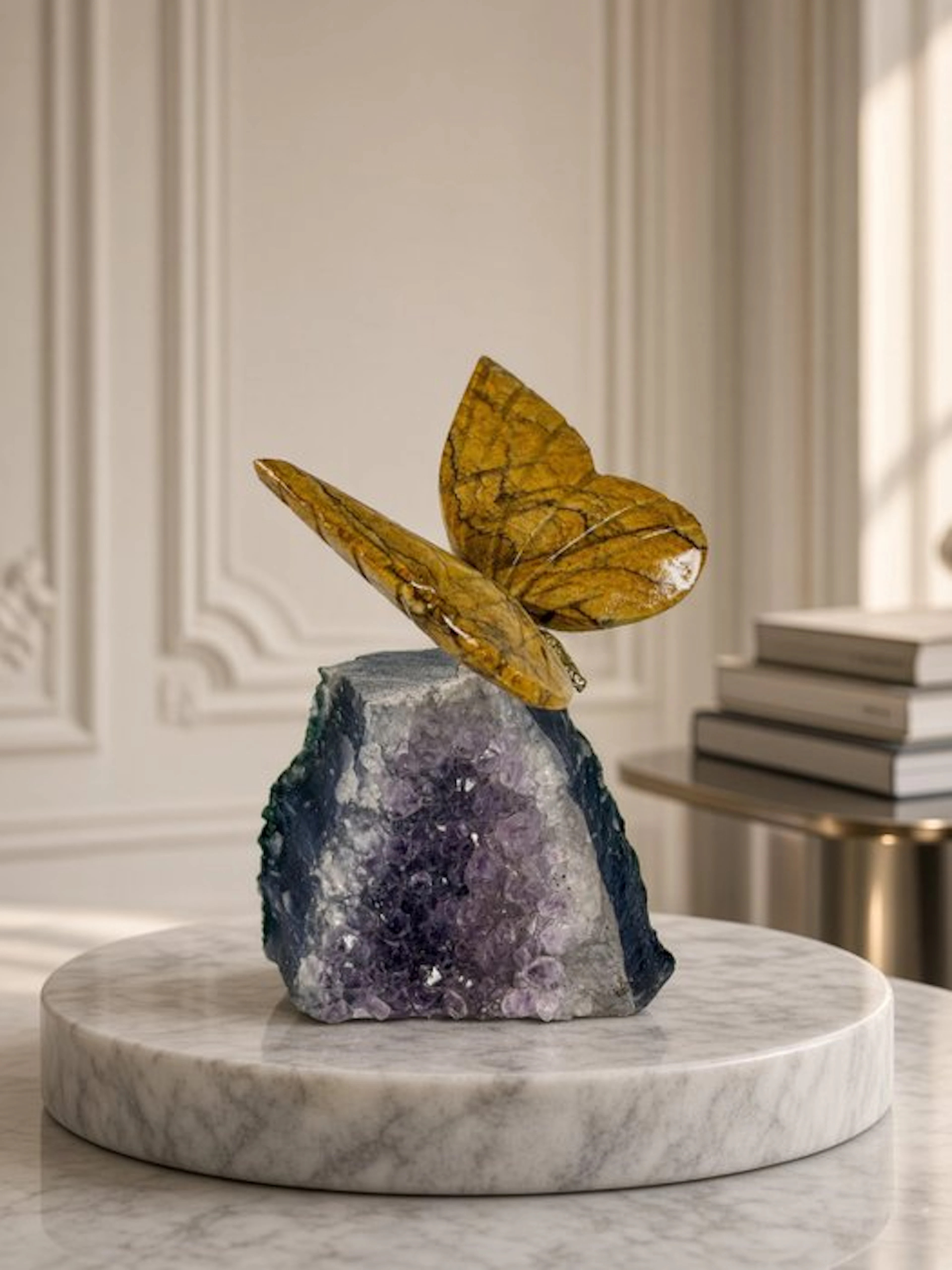 Hand-carved brown onyx butterfly on amethyst cluster - no...