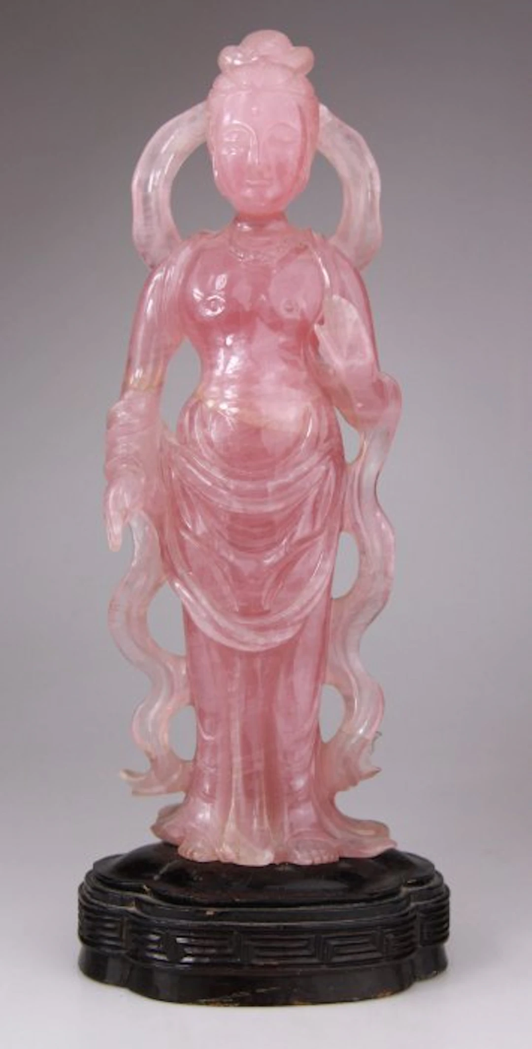 Chinese Carved Quartz Rose Sculpture Statue Kwanyin Lady...