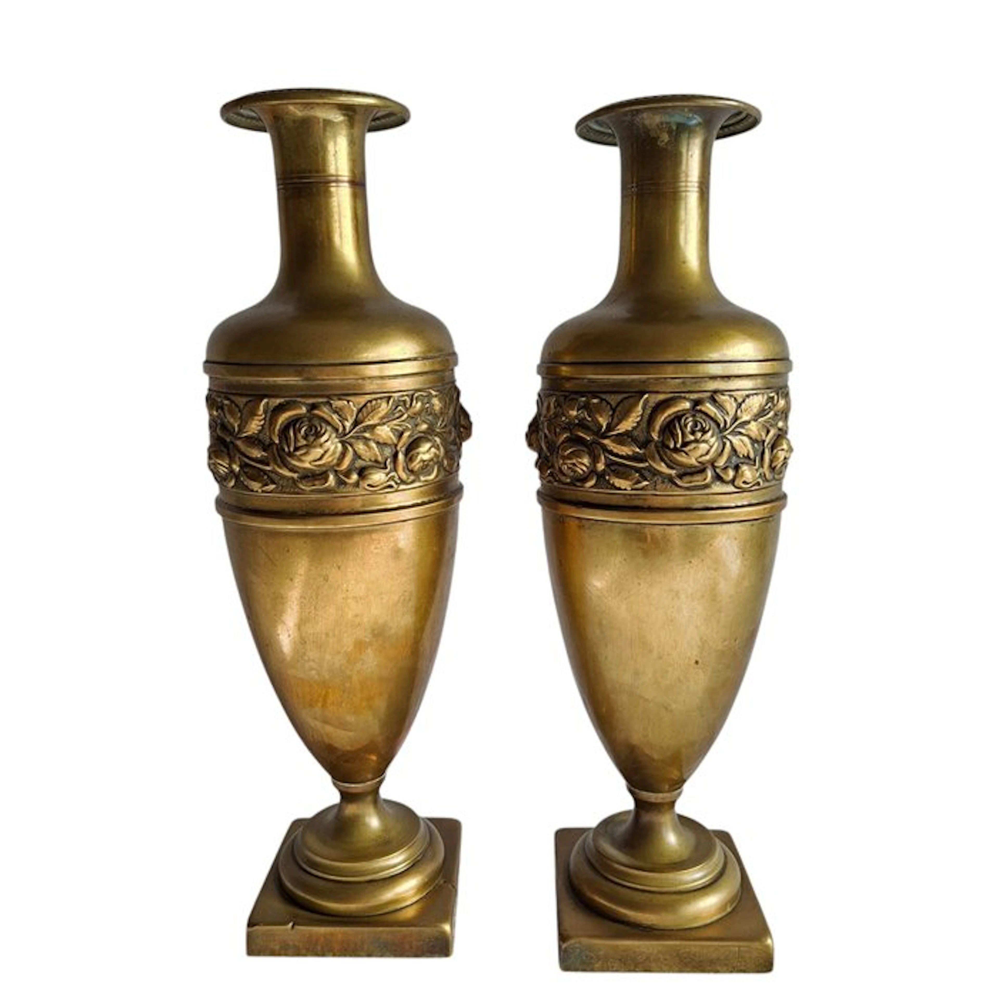 Vase (2) - Brass - Amphora, with rose relief