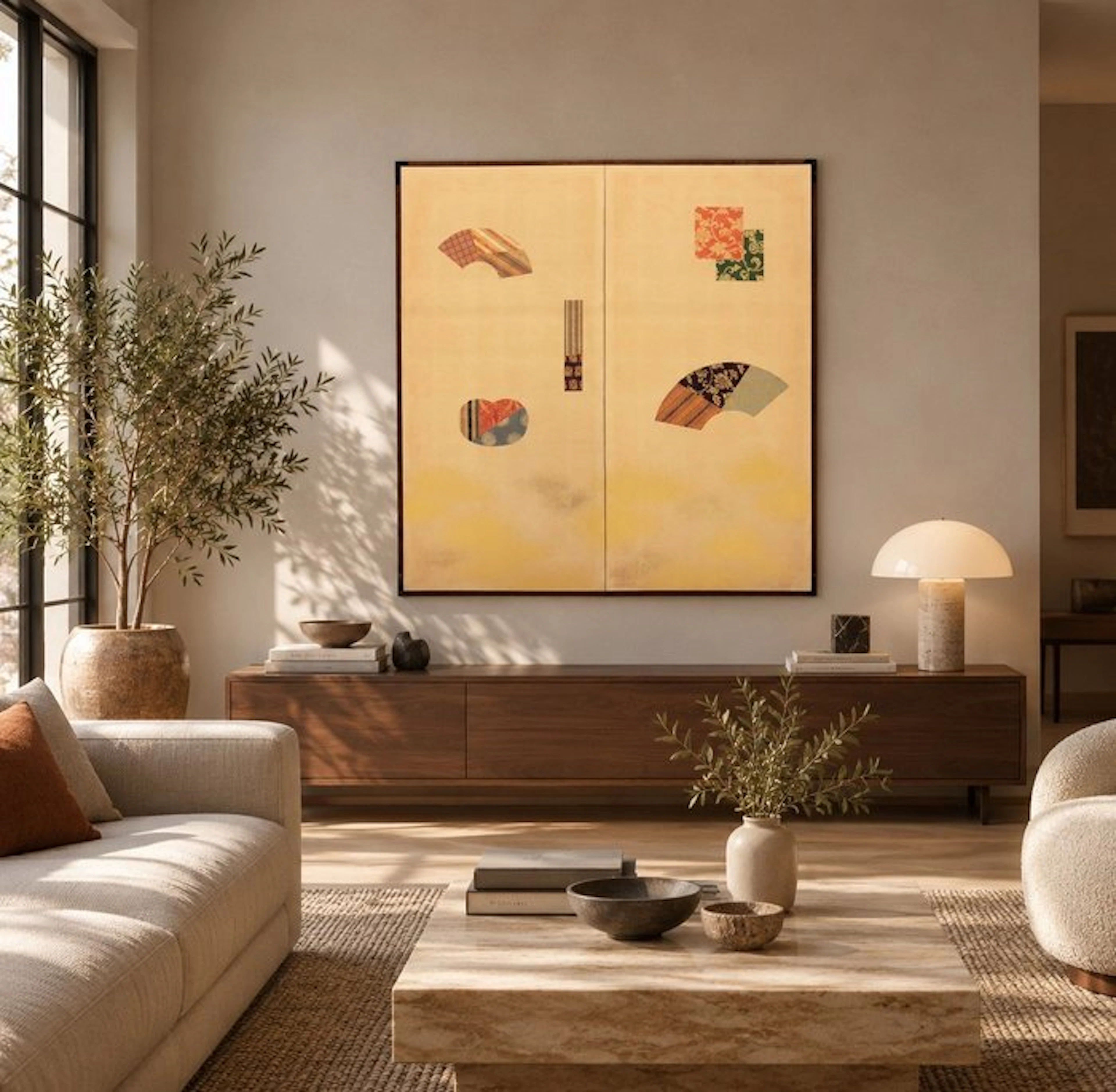A two-panel screen painted on paper with gold powder and fan motifs - Paper