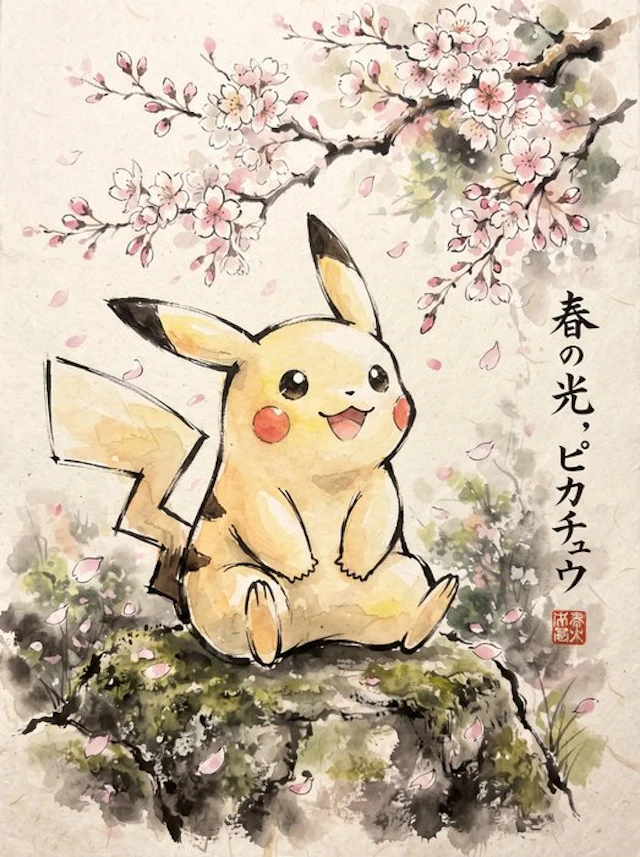 Henshin (Marco Celante) - Pikachu | Spring Light Cherry Blossom Sumi-e Pokémon