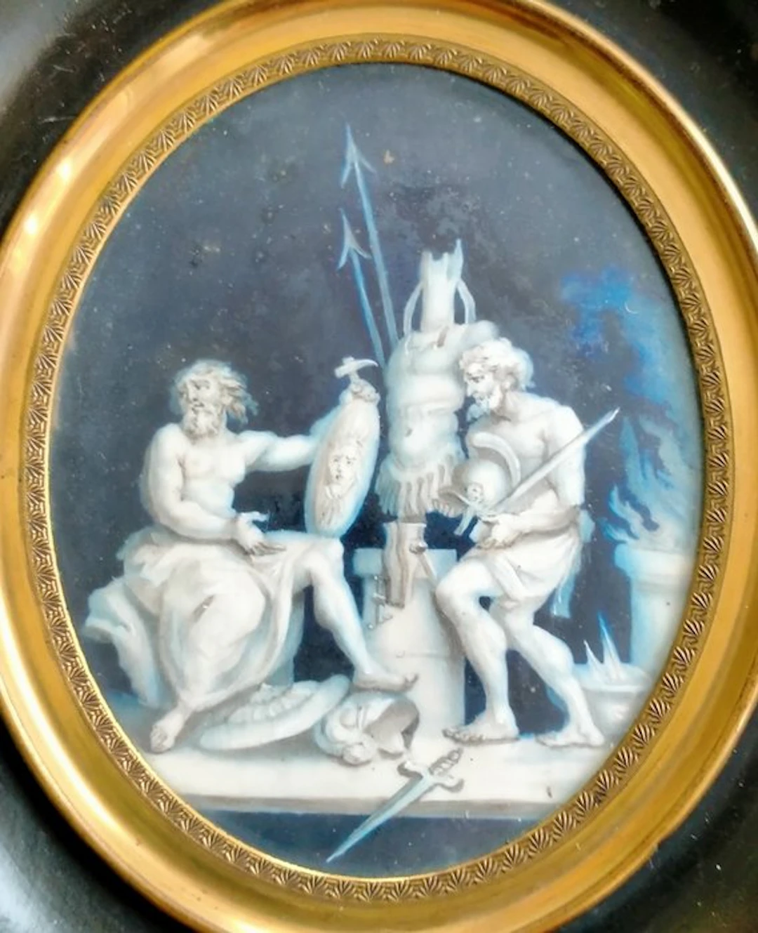 Empirelijst met miniatuurmedaillon en grisailleprent - Frame - Brass, Wood