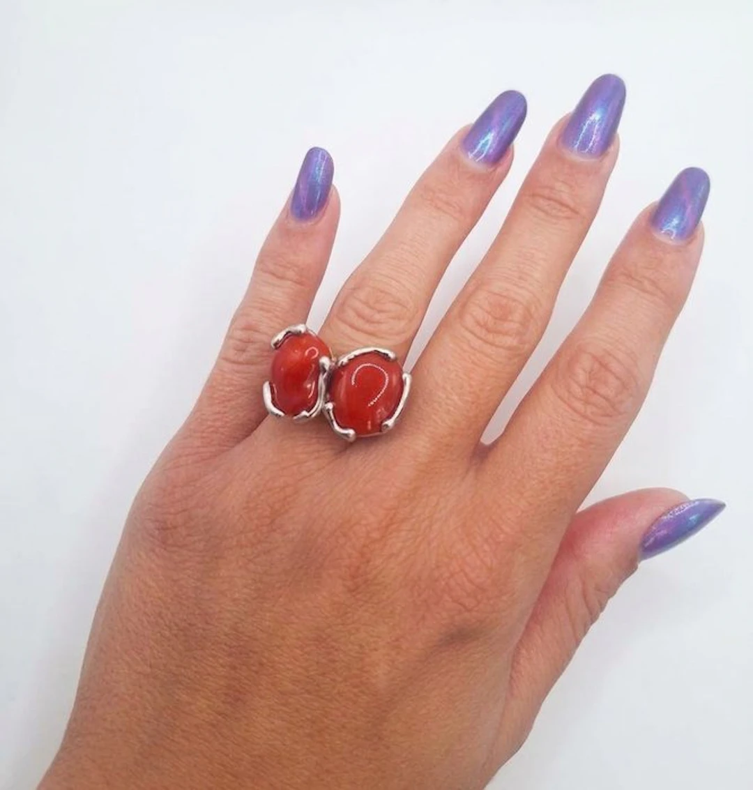 No reserve price - Ring Silver Coral - Coral - Red Double Spindle