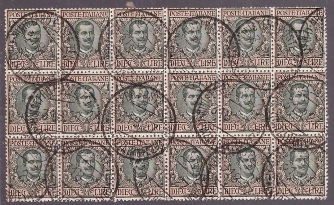 Italy Kingdom 1910 - Used 10 Lire Floreale block of eighteen - Sassone N. 91