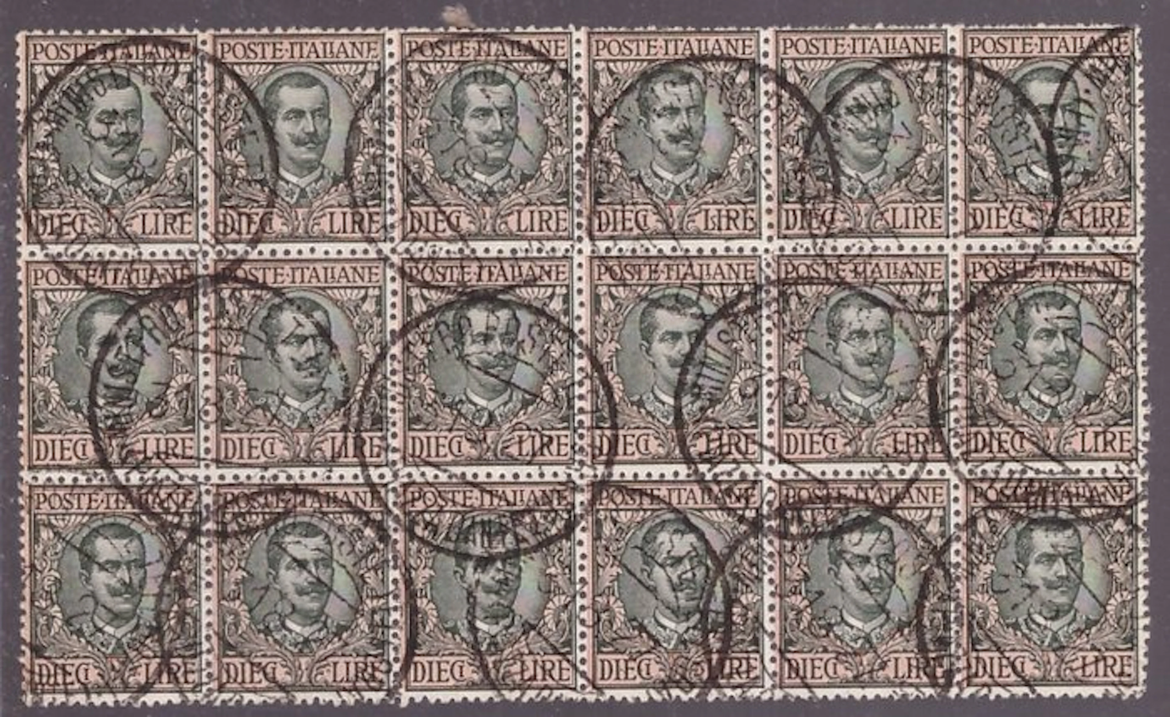 Italy Kingdom 1910 - Used 10 Lire Floreale block of eighteen - Sassone N. 91