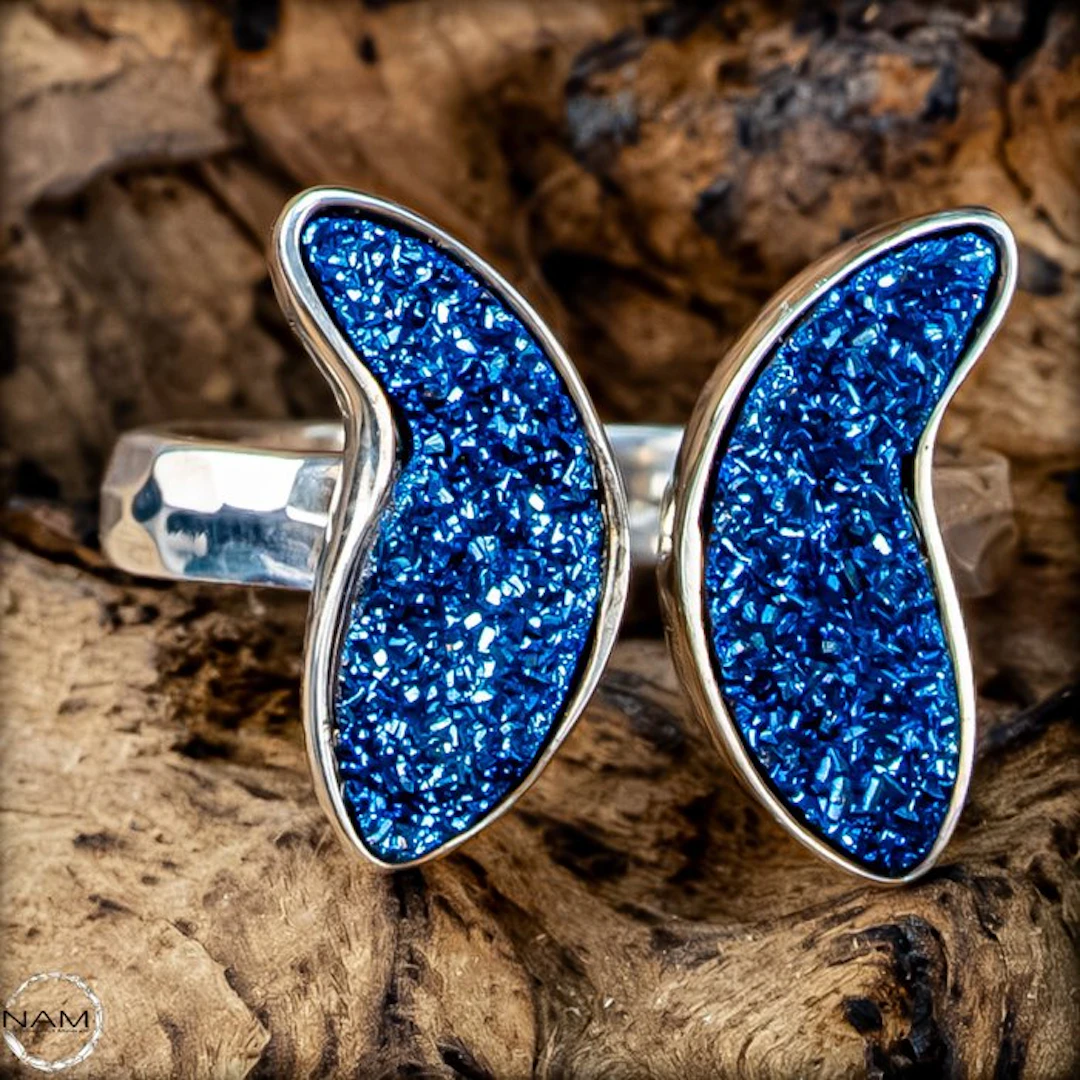 Aura Agate Ring – Open designer ring with deep blue druzy...