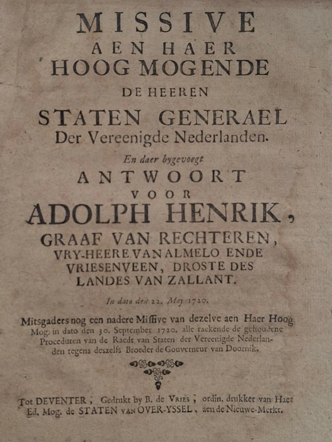 [graaf van Rechteren] - Missive aen haer hoog mogende de...