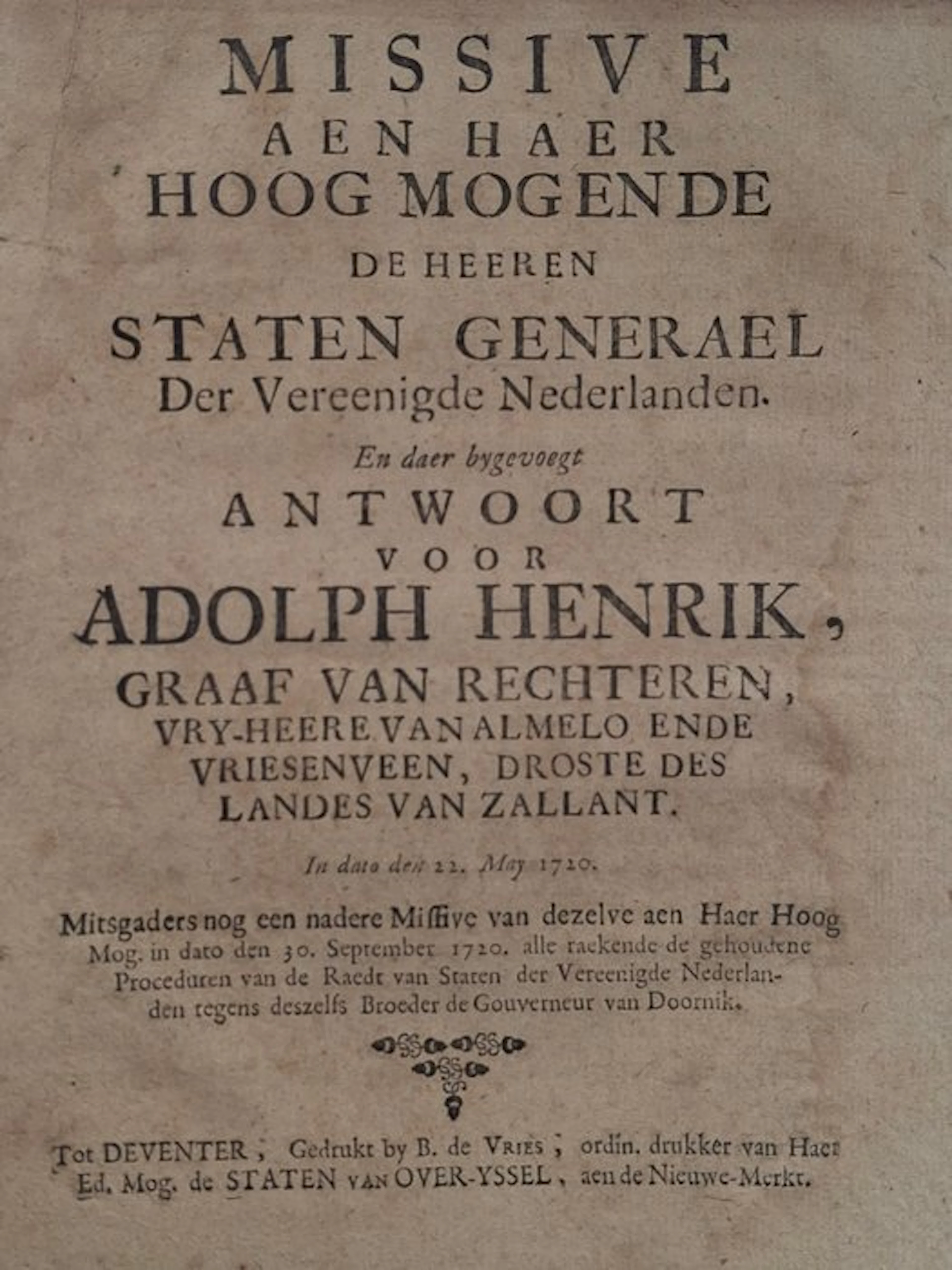 [graaf van Rechteren] - Missive aen haer hoog mogende de...